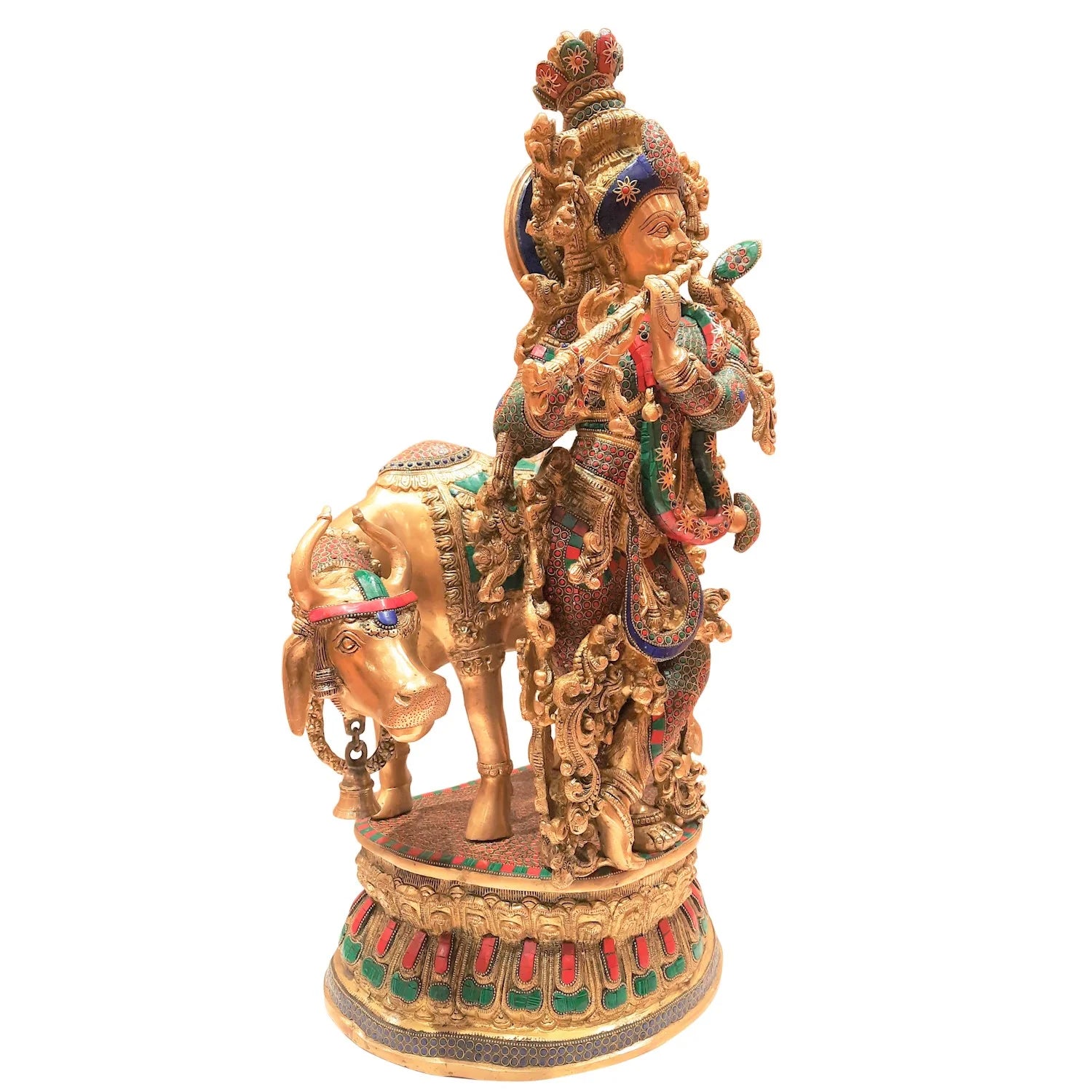 Brass Krishna Cow Standing With Ring Stonework