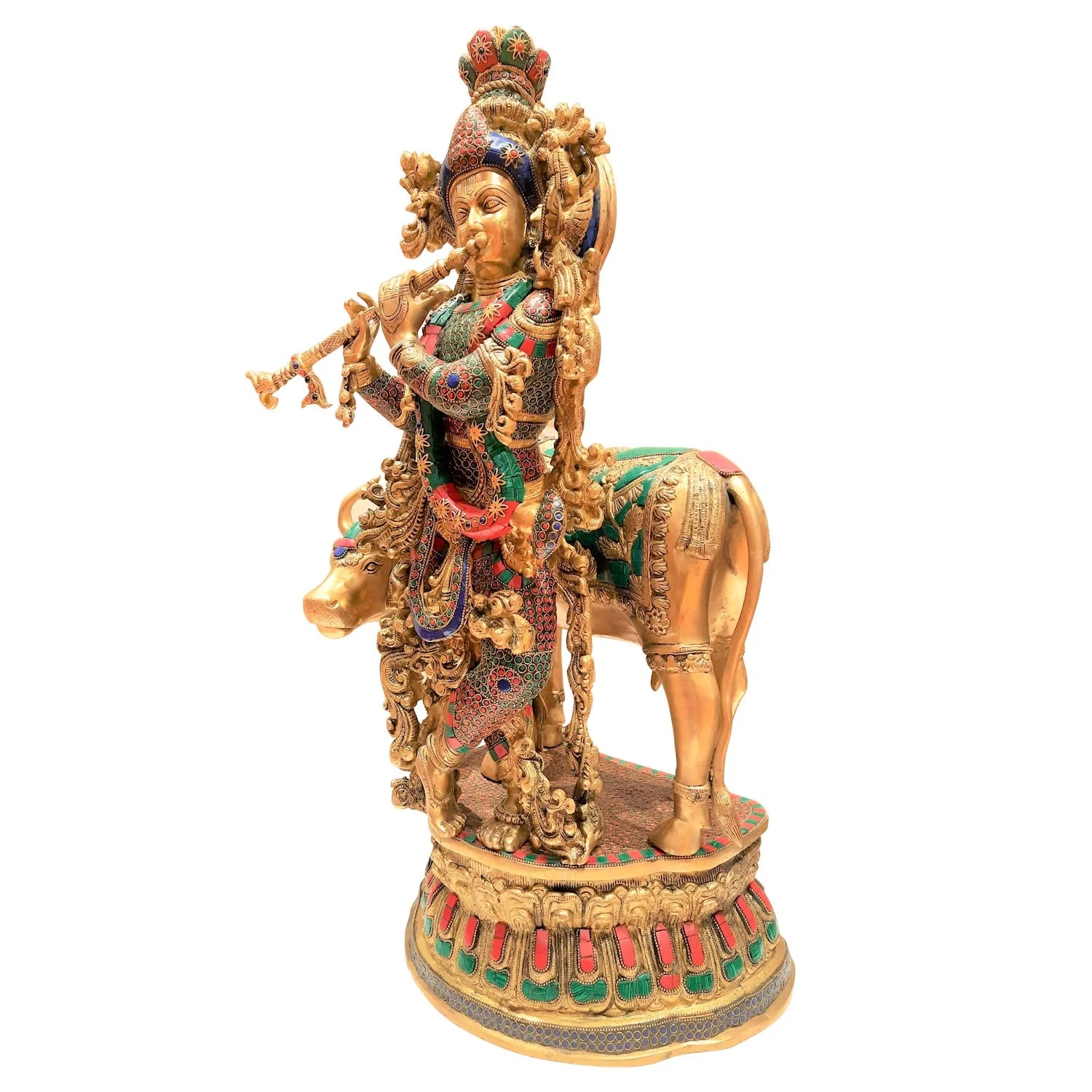 Brass Krishna Cow Standing With Ring Stonework