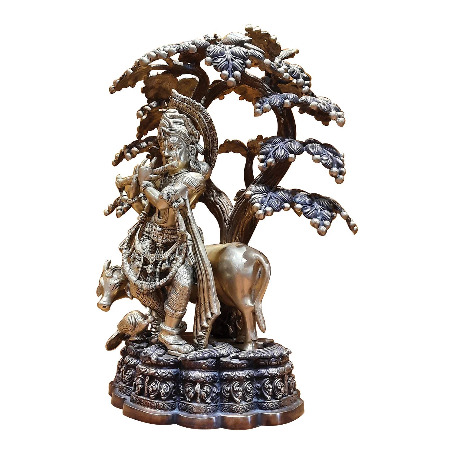 Brass Krishna Cow under Tree in Two Tone Finish