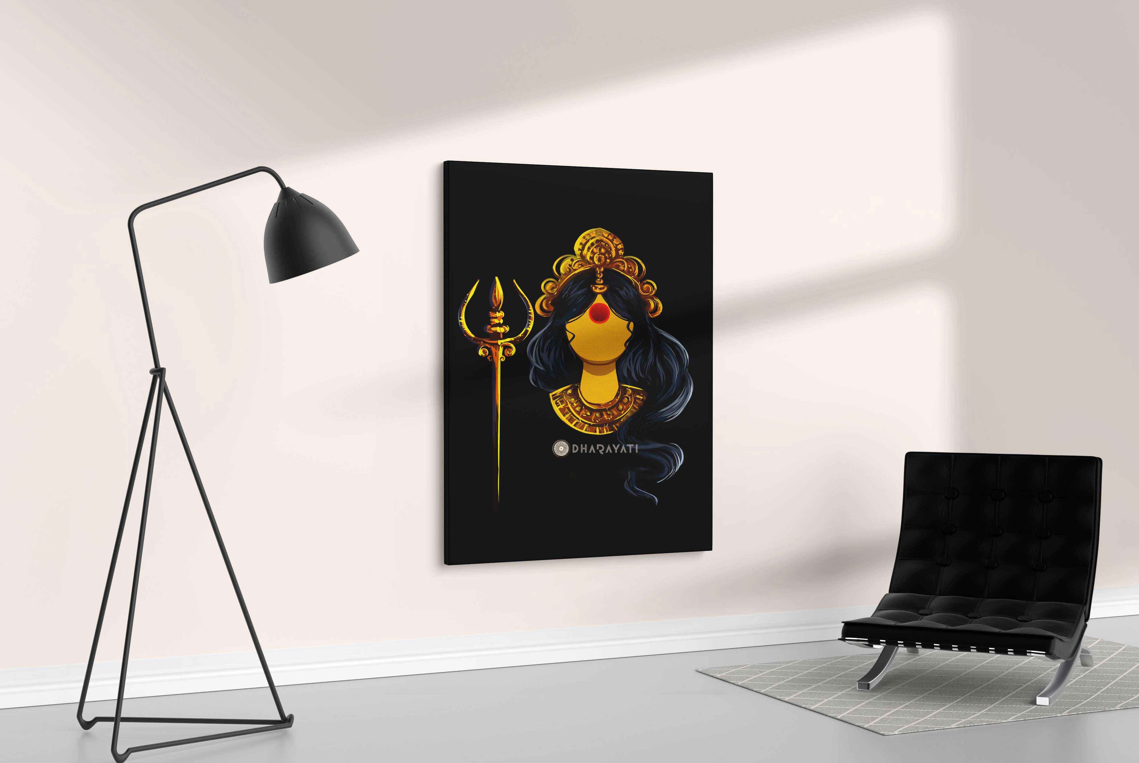 Divine Empowerment: Devi with Yellow Trishul - Canvas Art