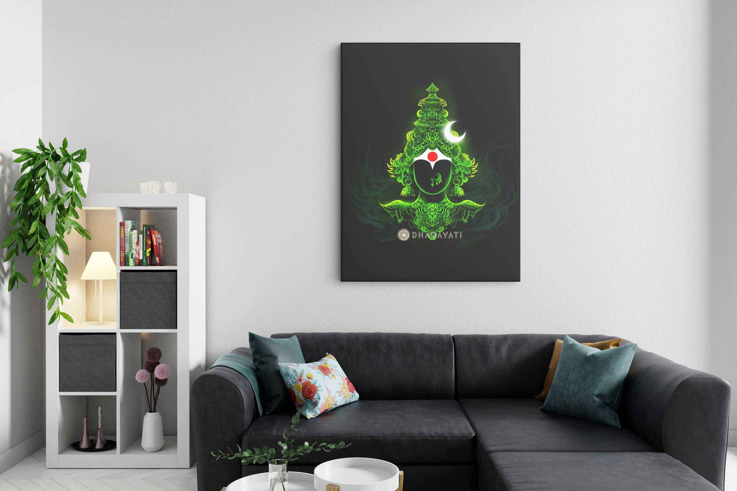 Celestial Harmony: Devi in Green with White Moon - Canvas Art