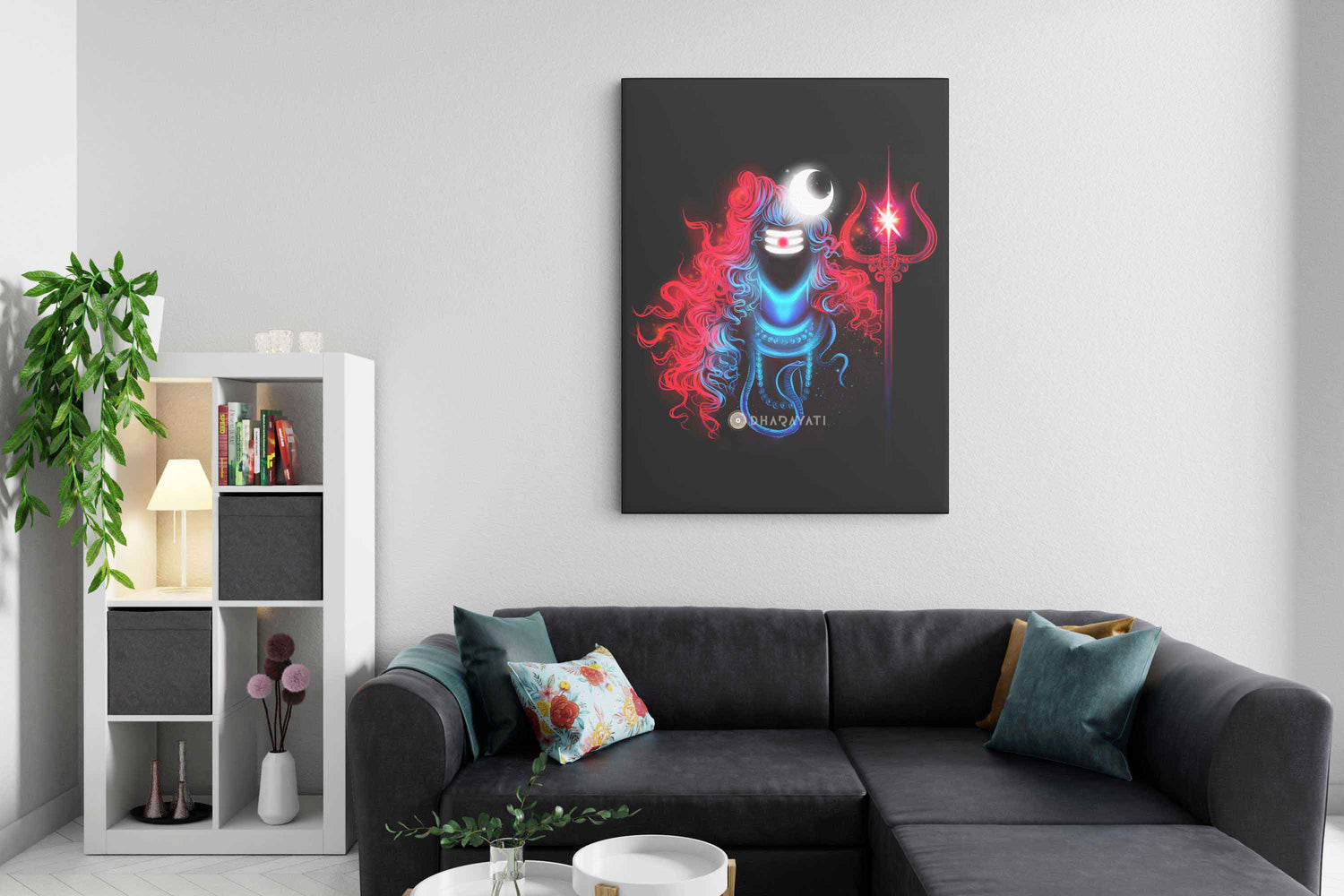 The Divine Union: Shiva Mahadev in Blue with Red Trishul - Canvas Art