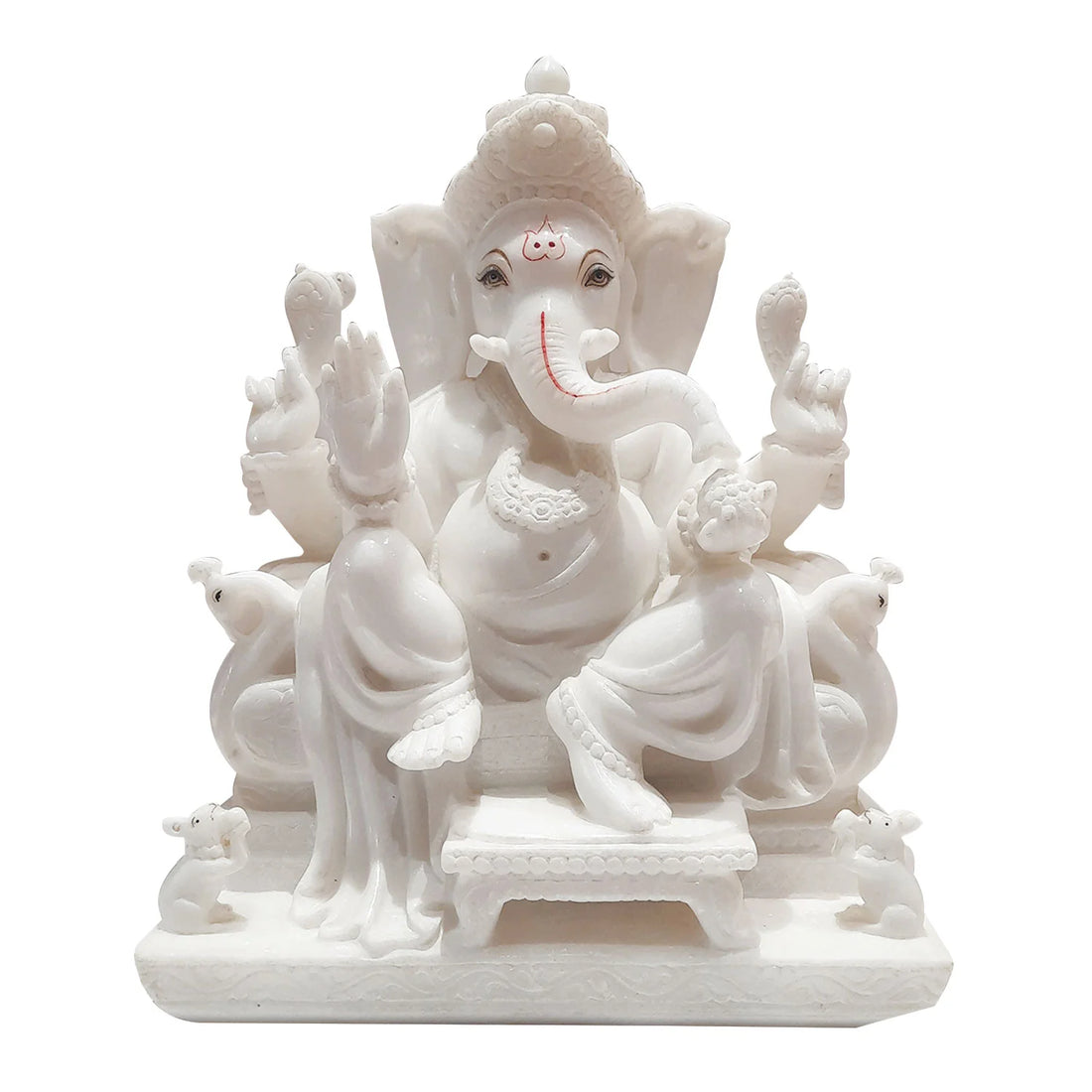 Marble Ganesha Sitting on Sihasan with Pillow