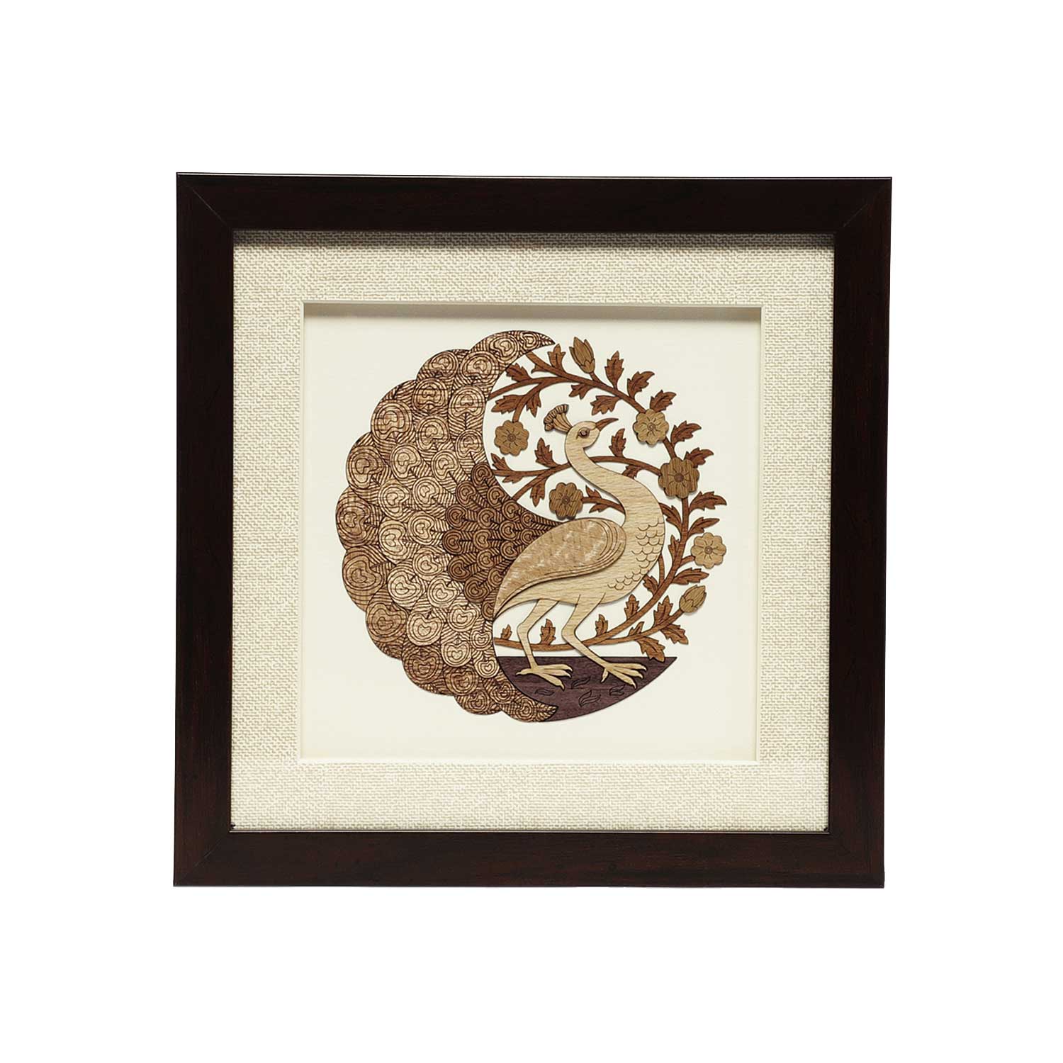 Round Peacock Wood Art Frame