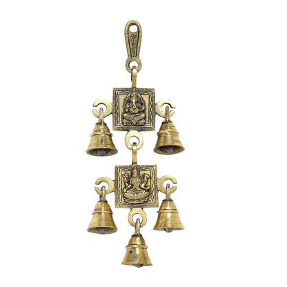 Brass Ganesh &amp; Laxmi Temple Bell Wall Hanging with 5 Bells