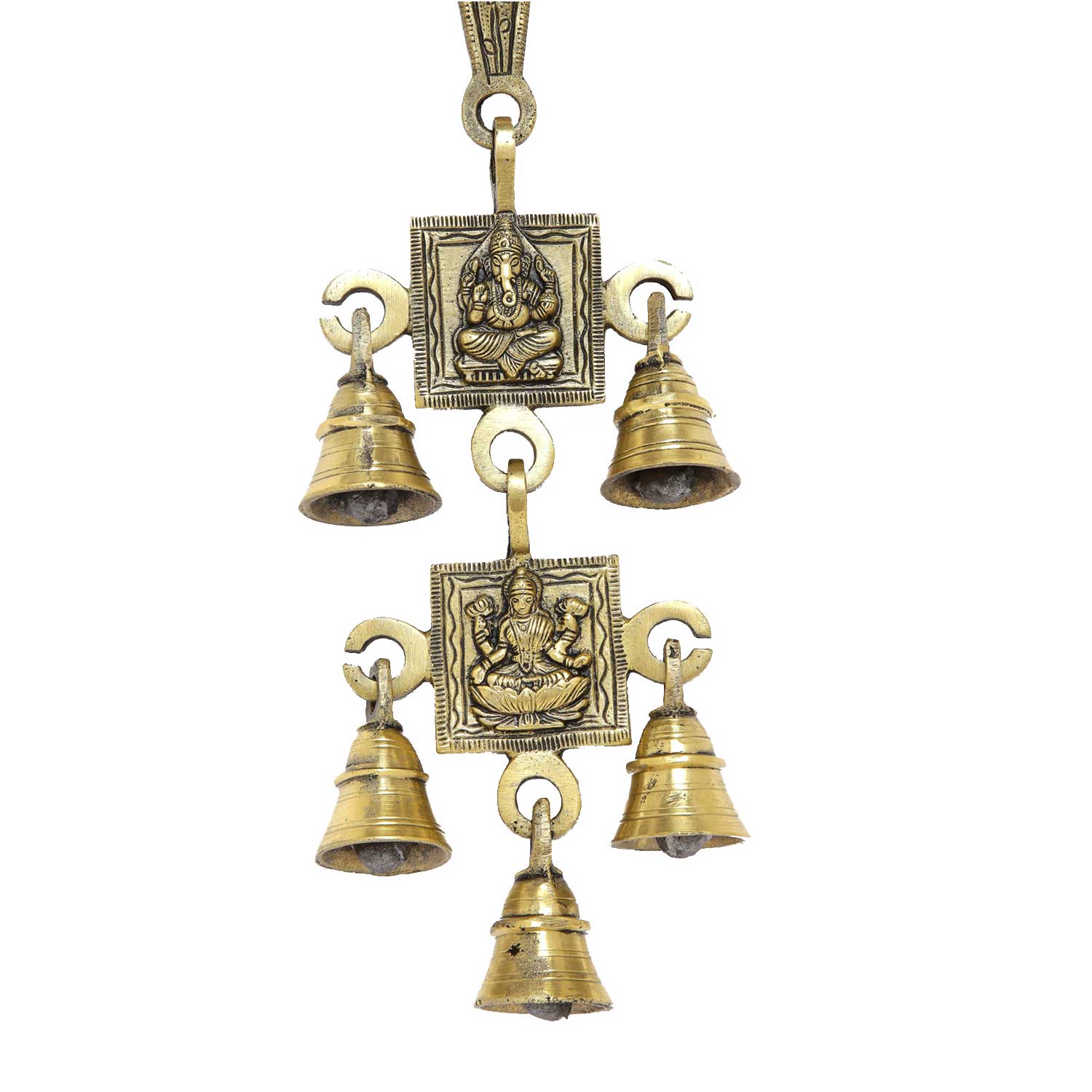 Brass Ganesh &amp; Laxmi Temple Bell Wall Hanging with 5 Bells