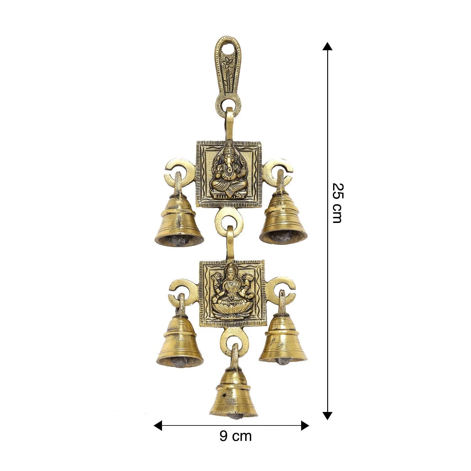 Brass Ganesh &amp; Laxmi Temple Bell Wall Hanging with 5 Bells