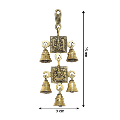 Brass Ganesh &amp; Laxmi Temple Bell Wall Hanging with 5 Bells