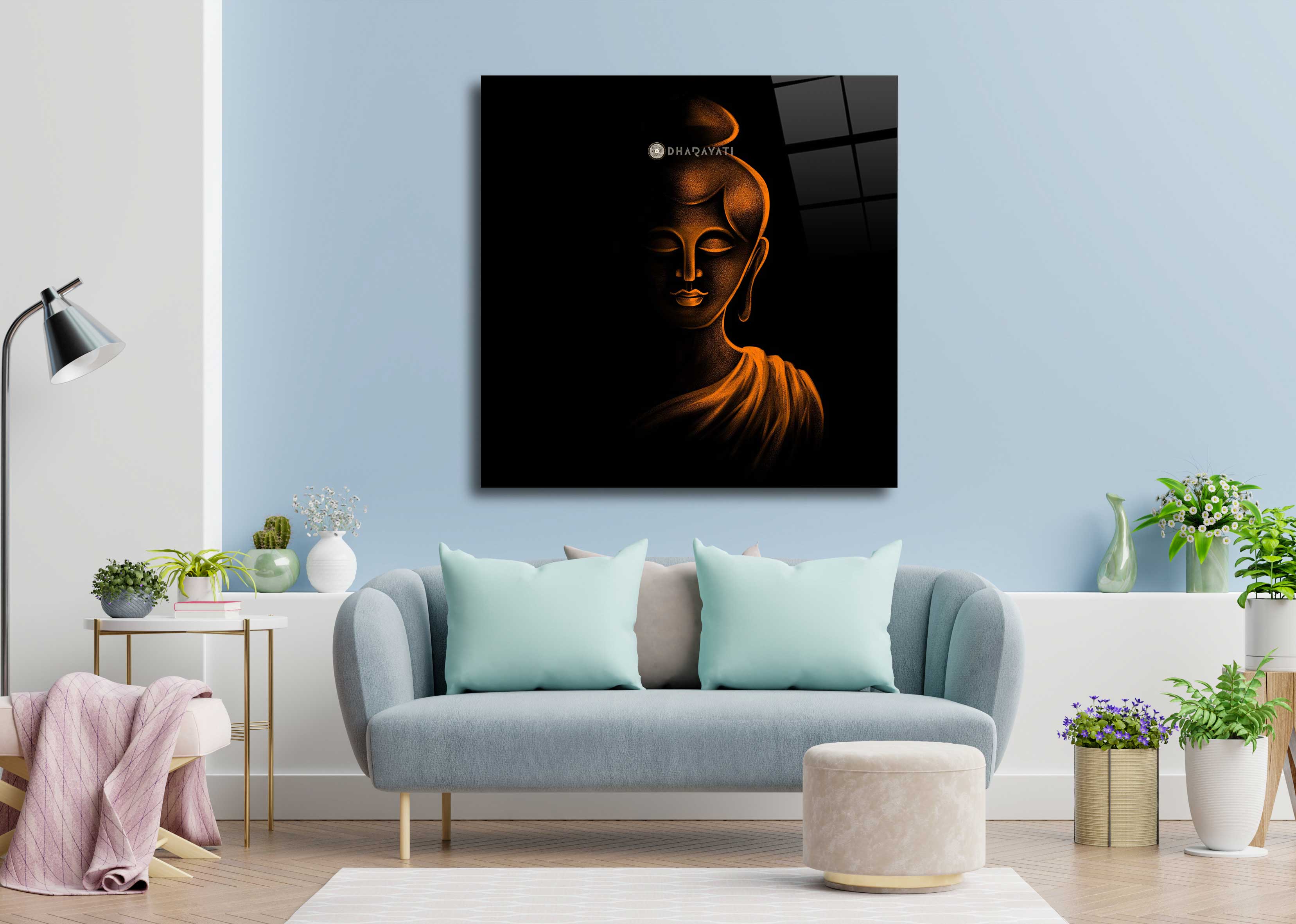 Eternal Serenity: Gautama Buddha Orange Glass Wall Art for Zen-inspired Spaces