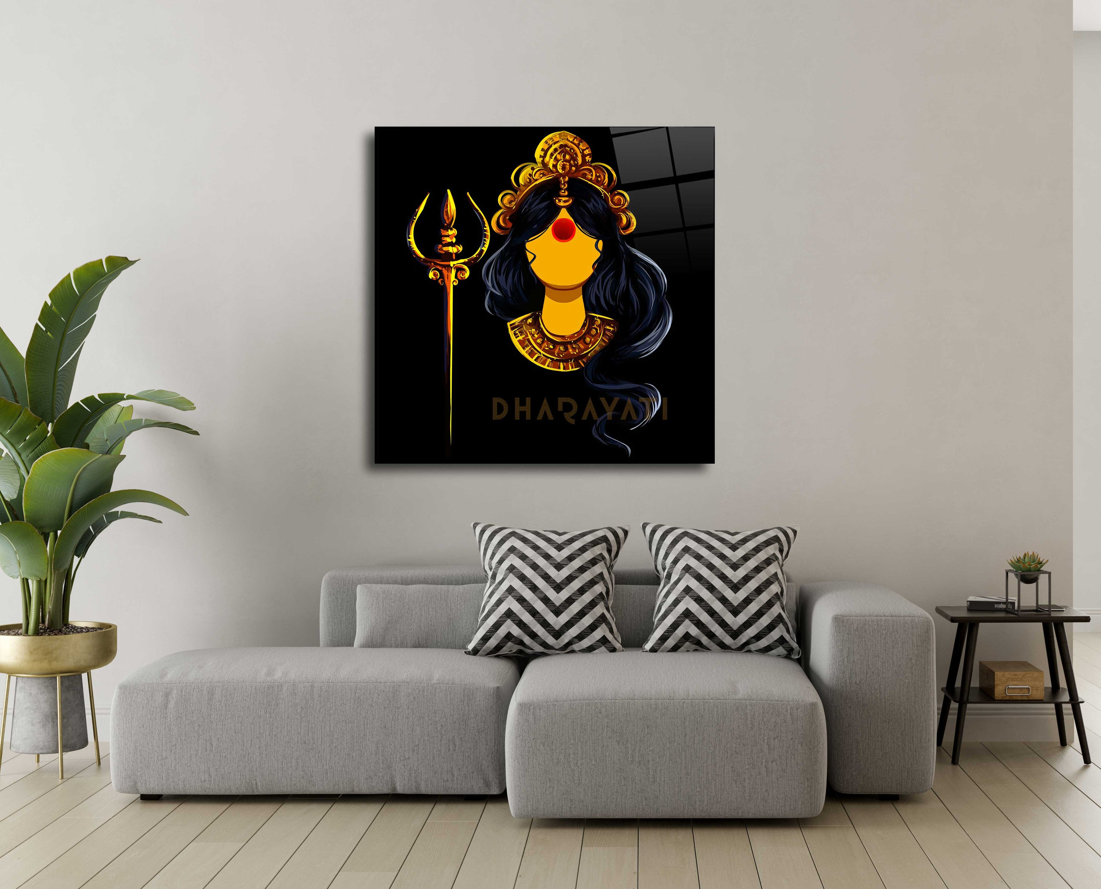 Divine Radiance: Devi with Trishul Yellow Color Glass Wall Art for Spiritual Spaces