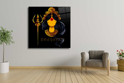 Divine Radiance: Devi with Trishul Yellow Color Glass Wall Art for Spiritual Spaces