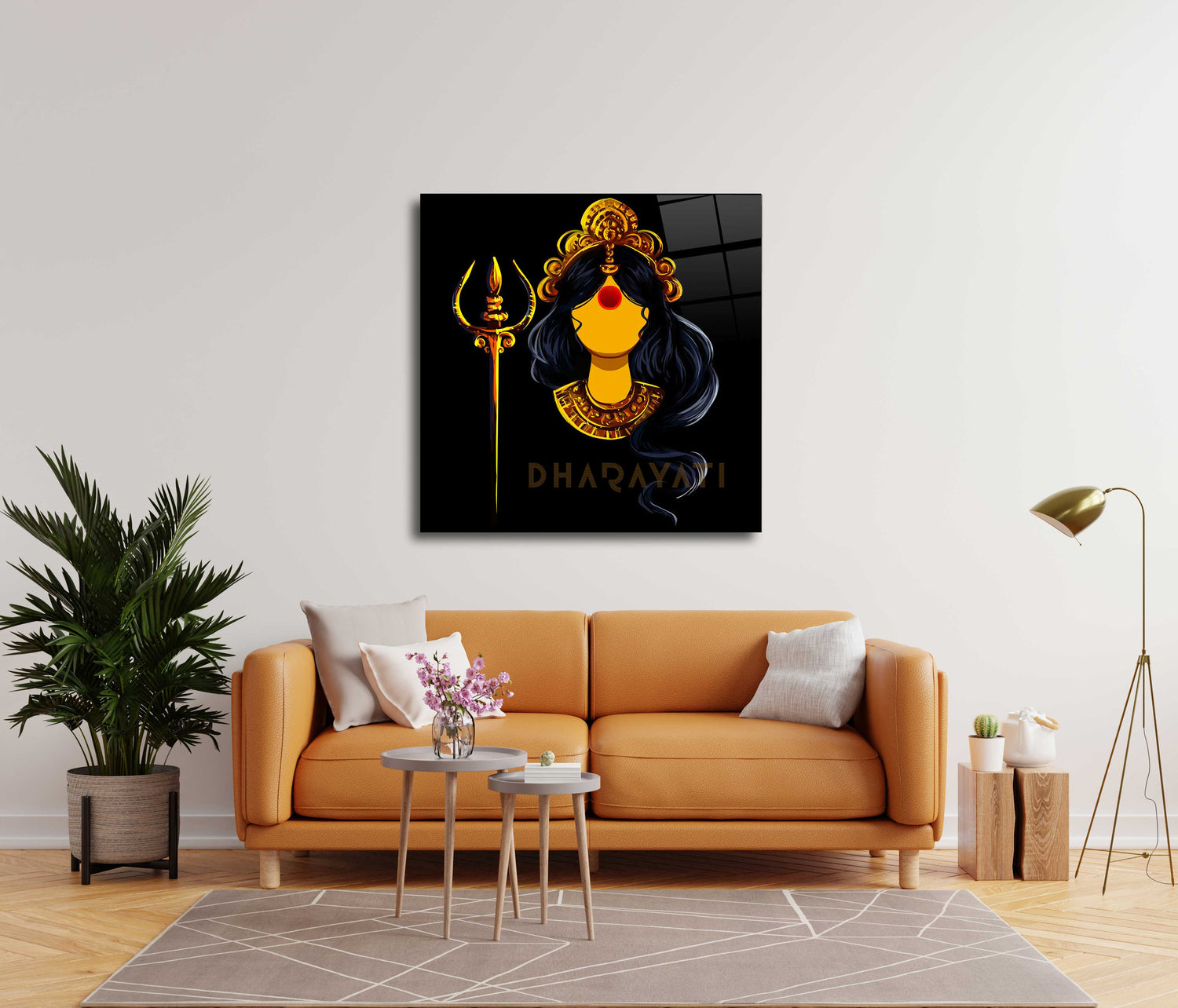 Divine Radiance: Devi with Trishul Yellow Color Glass Wall Art for Spiritual Spaces