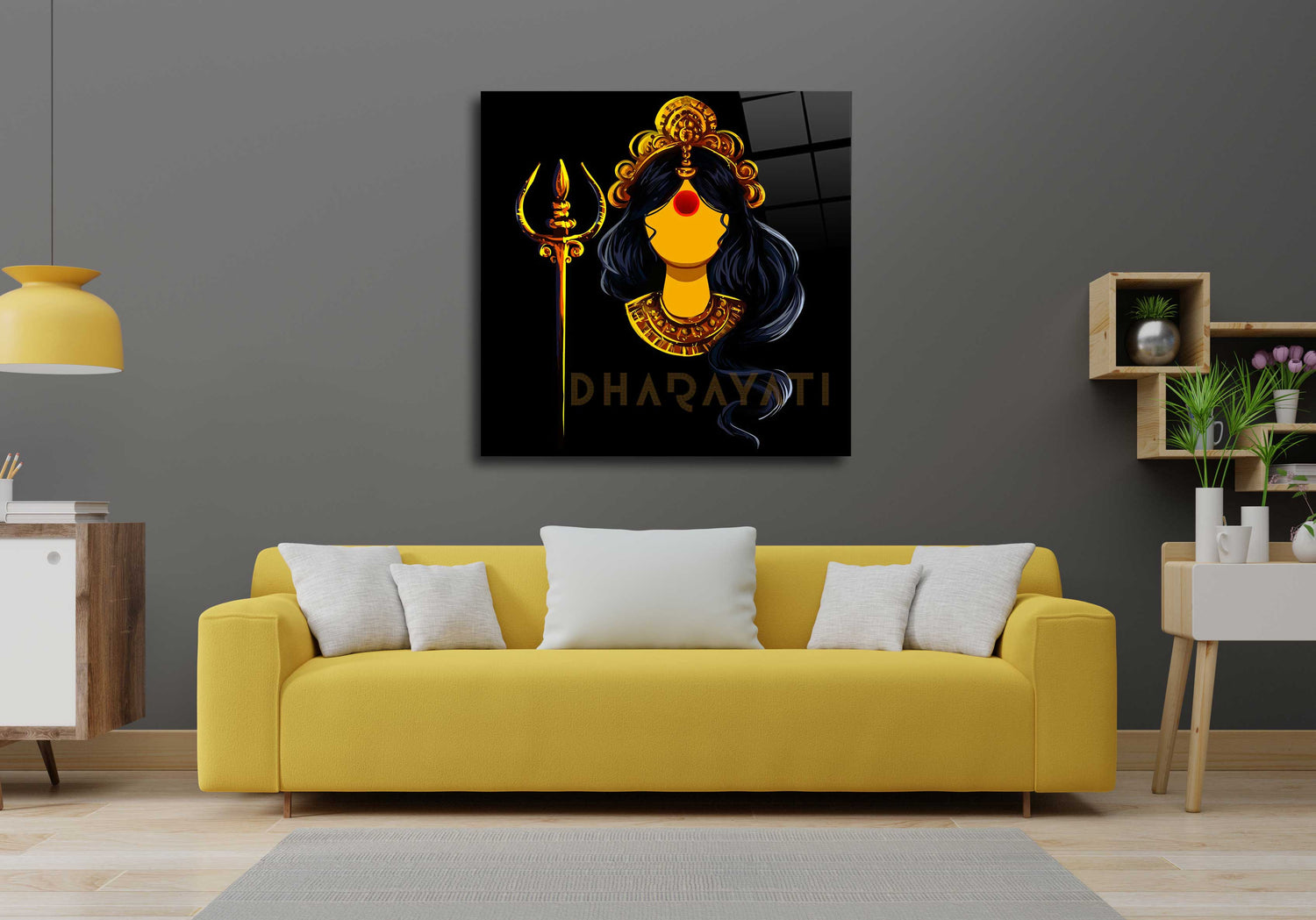 Divine Radiance: Devi with Trishul Yellow Color Glass Wall Art for Spiritual Spaces