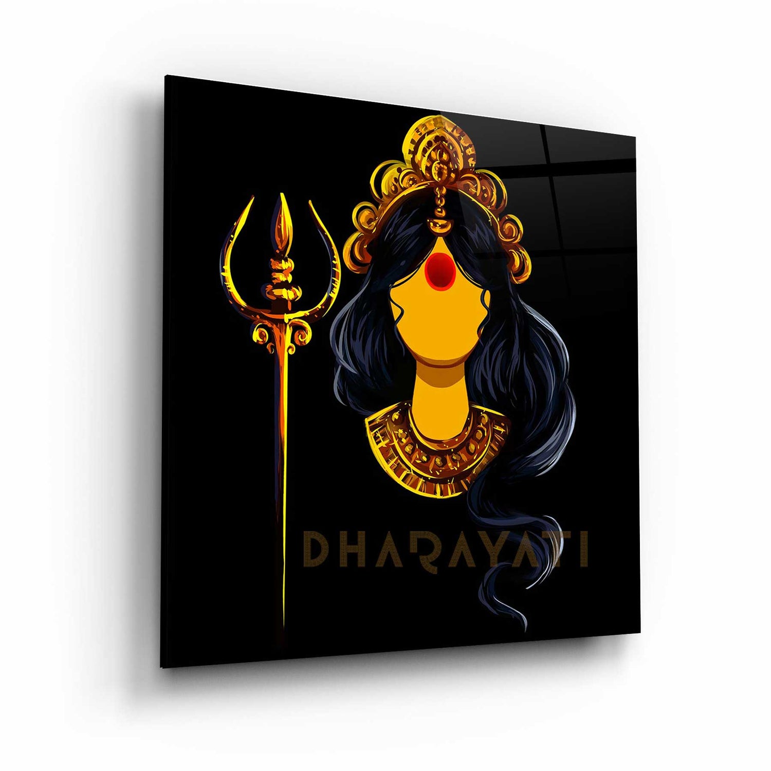 Divine Radiance: Devi with Trishul Yellow Color Glass Wall Art for Spiritual Spaces