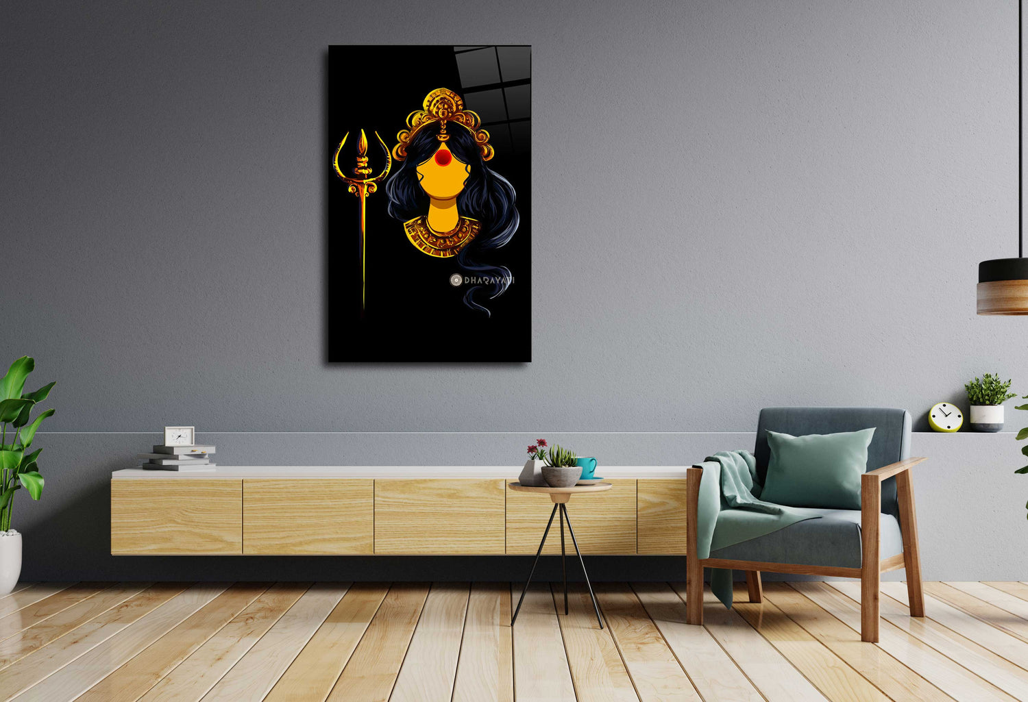 Divine Power Unleashed: Devi with Trishul Glass Wall Art for Spiritual Protection