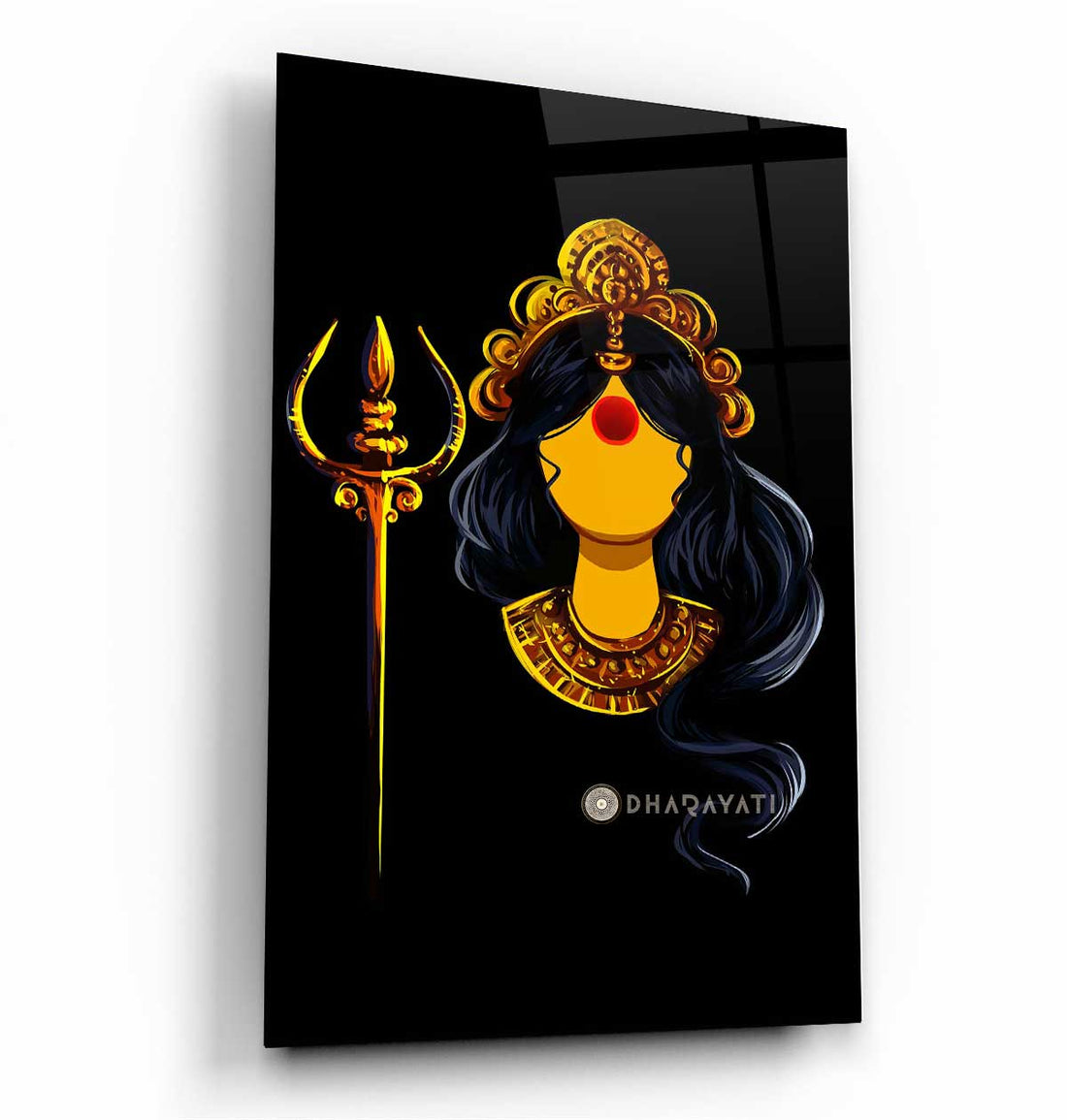 Divine Power Unleashed: Devi with Trishul Glass Wall Art for Spiritual Protection