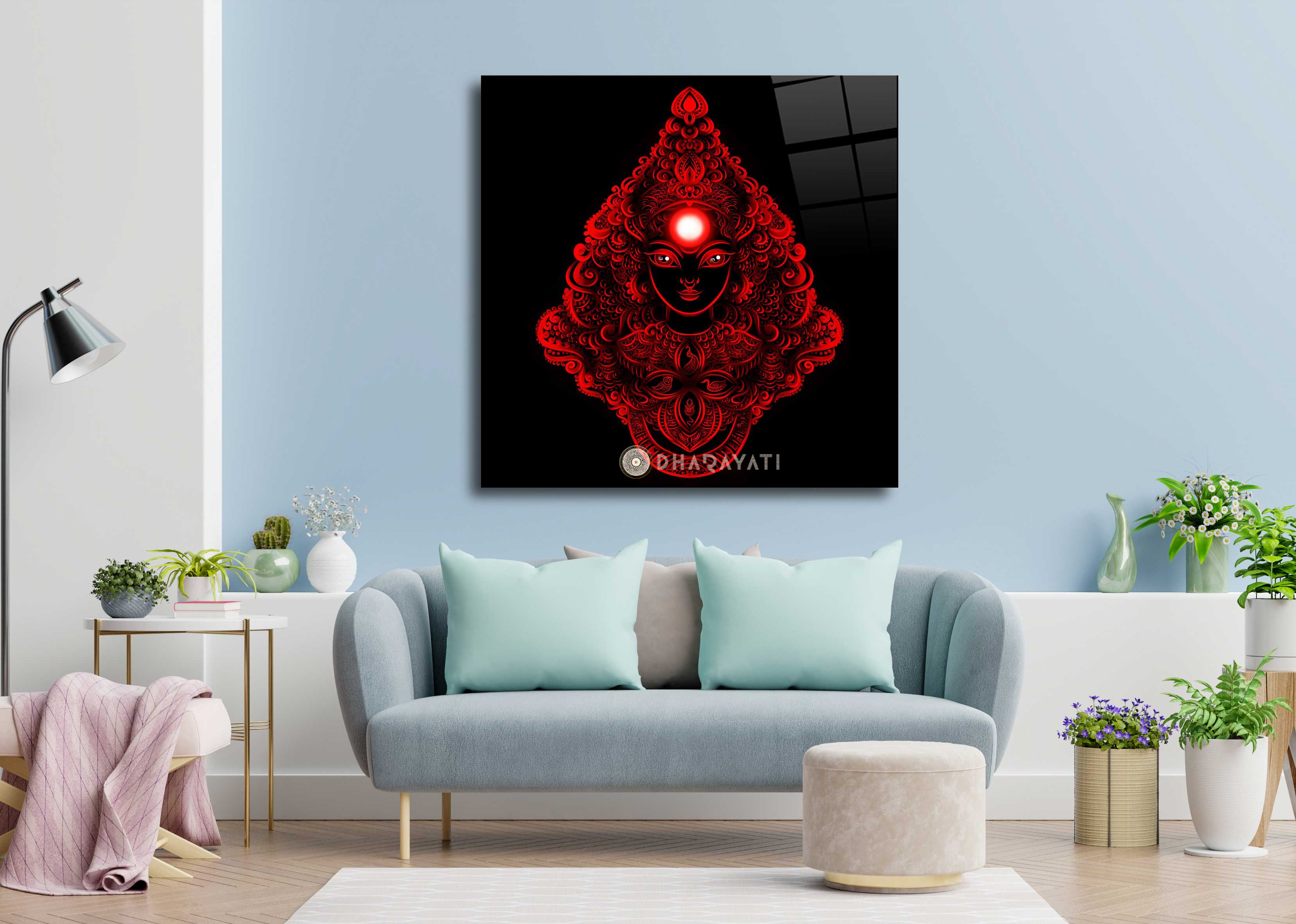 Divine Grace: Devi in Red Color Glass Wall Art for Strength and Devotion