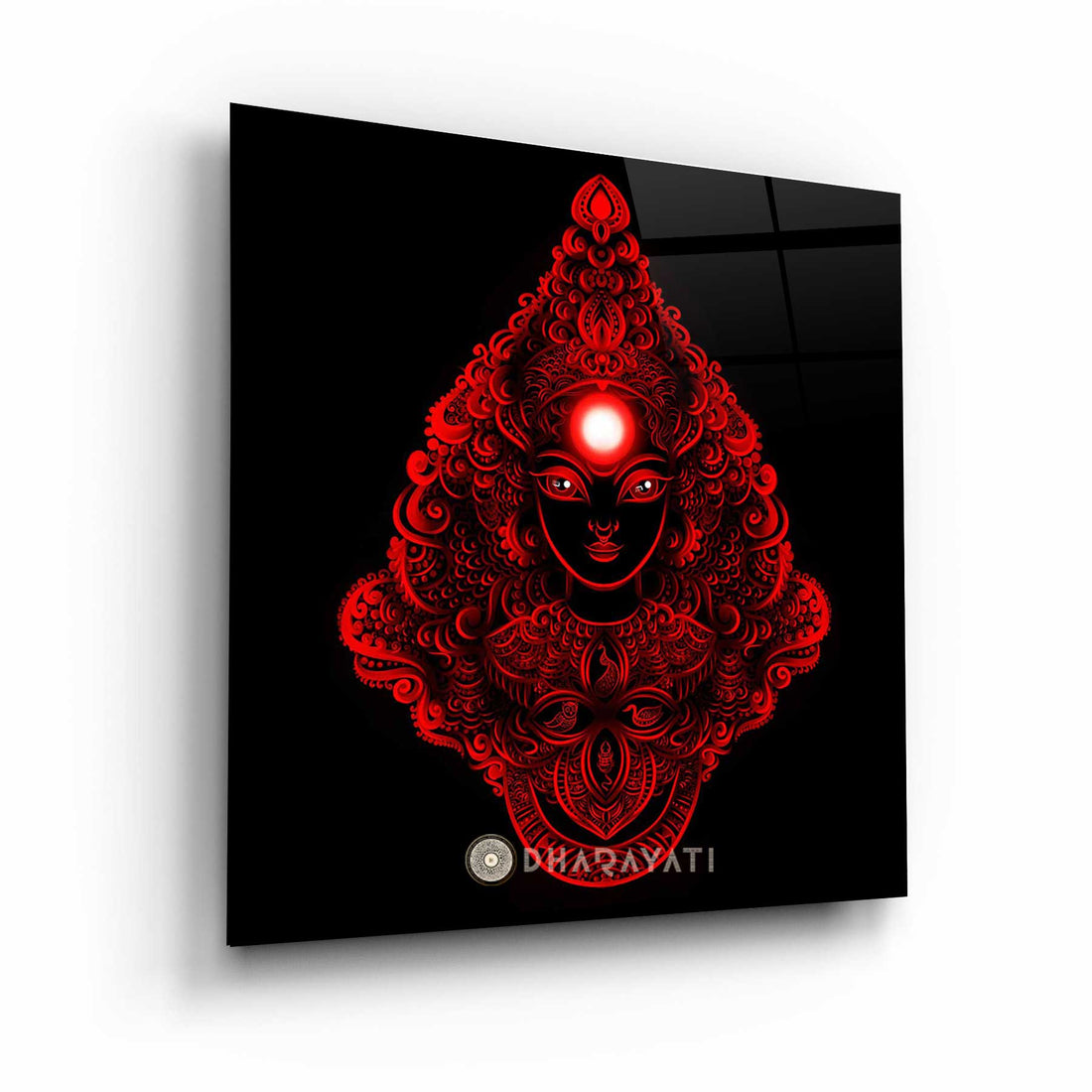 Divine Grace: Devi in Red Color Glass Wall Art for Strength and Devotion