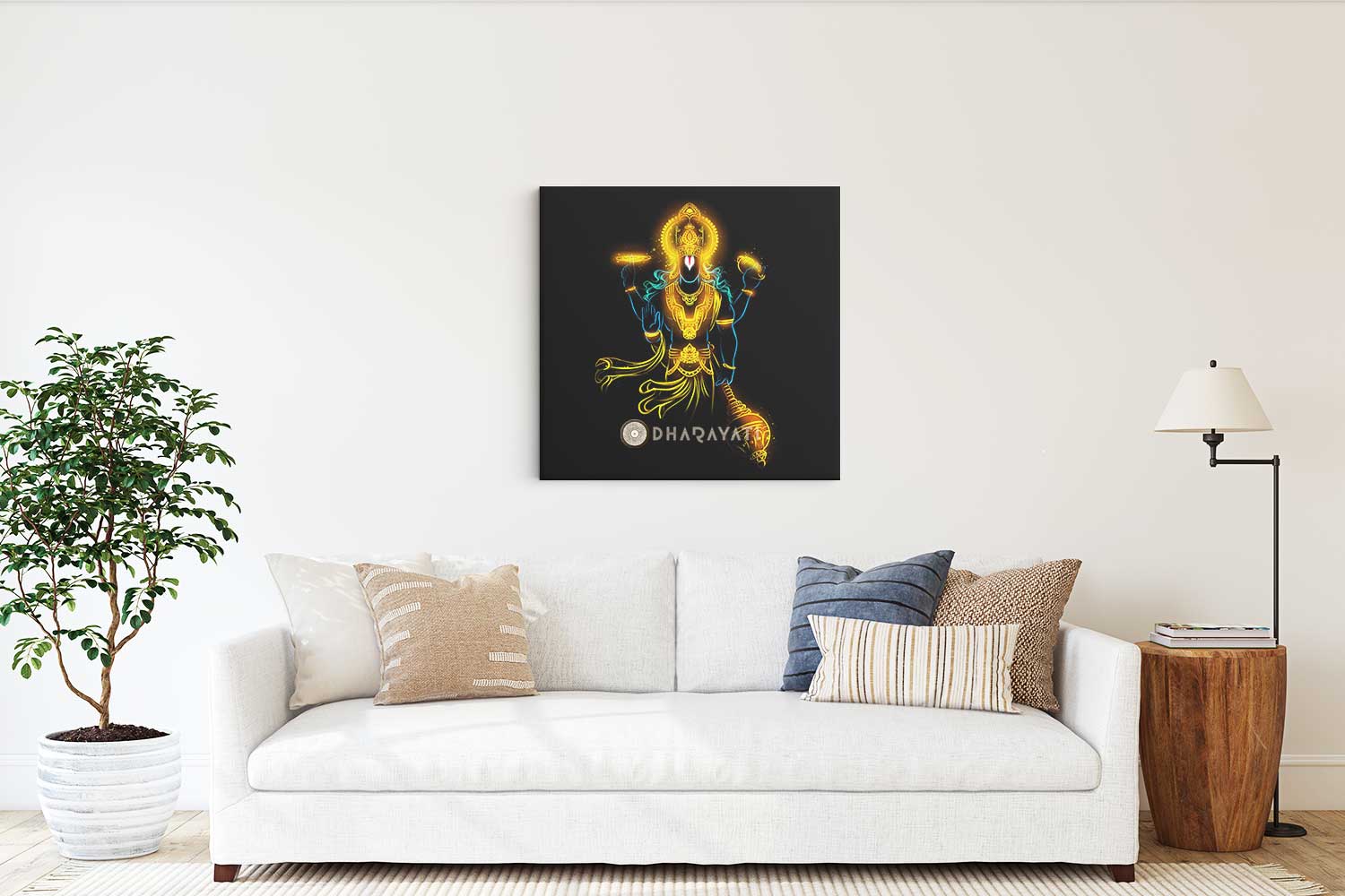 Divine Triumvirate: Lord Vishnu with Shankha, Chakra, and Gada - Spiritual Canvas Art