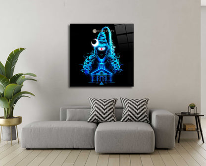 Lord Shiva with Kedarnath Temple Blue Color Glass Wall Art