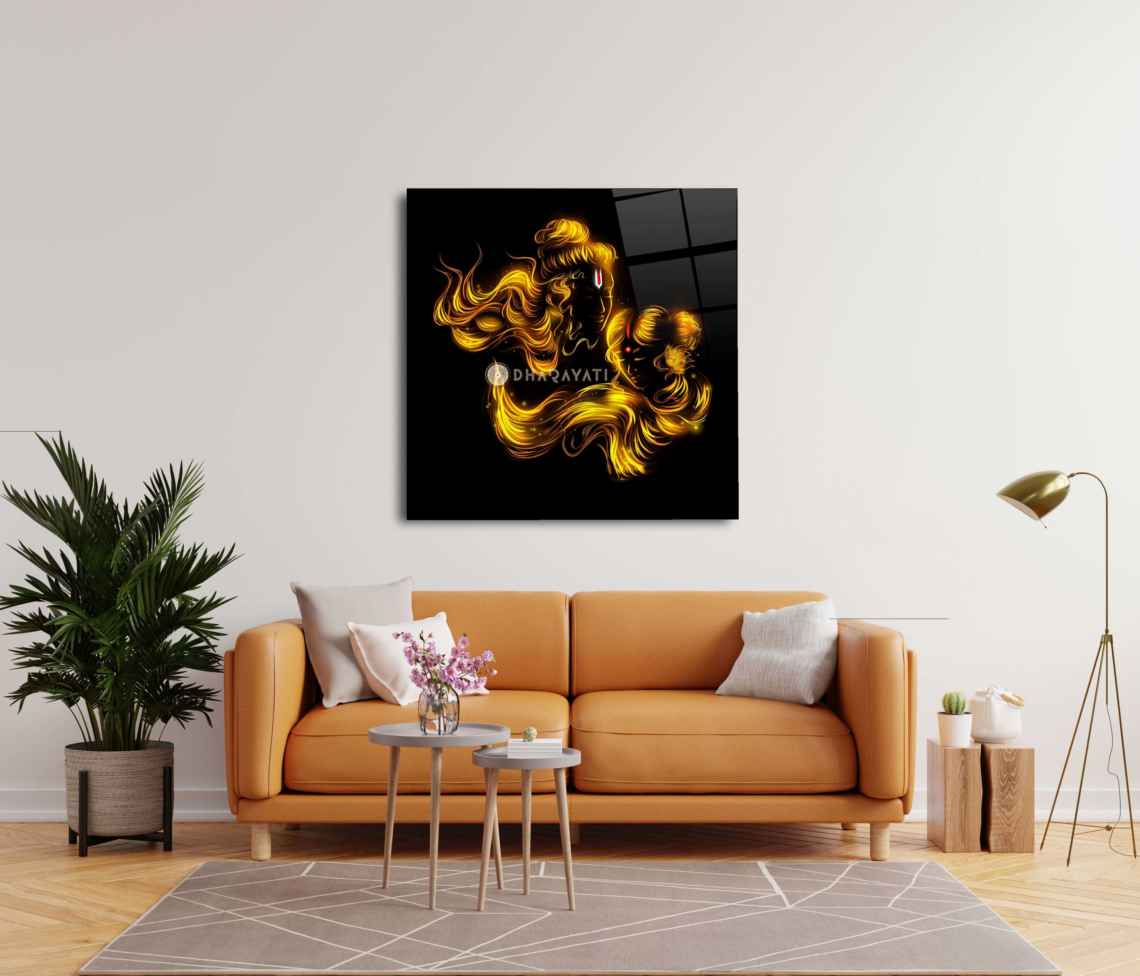 Lord Rama and Sita Yellow with Black Background Glass Wall Art