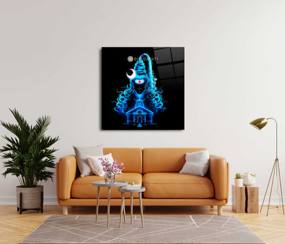 Lord Shiva with Kedarnath Temple Blue Color Glass Wall Art