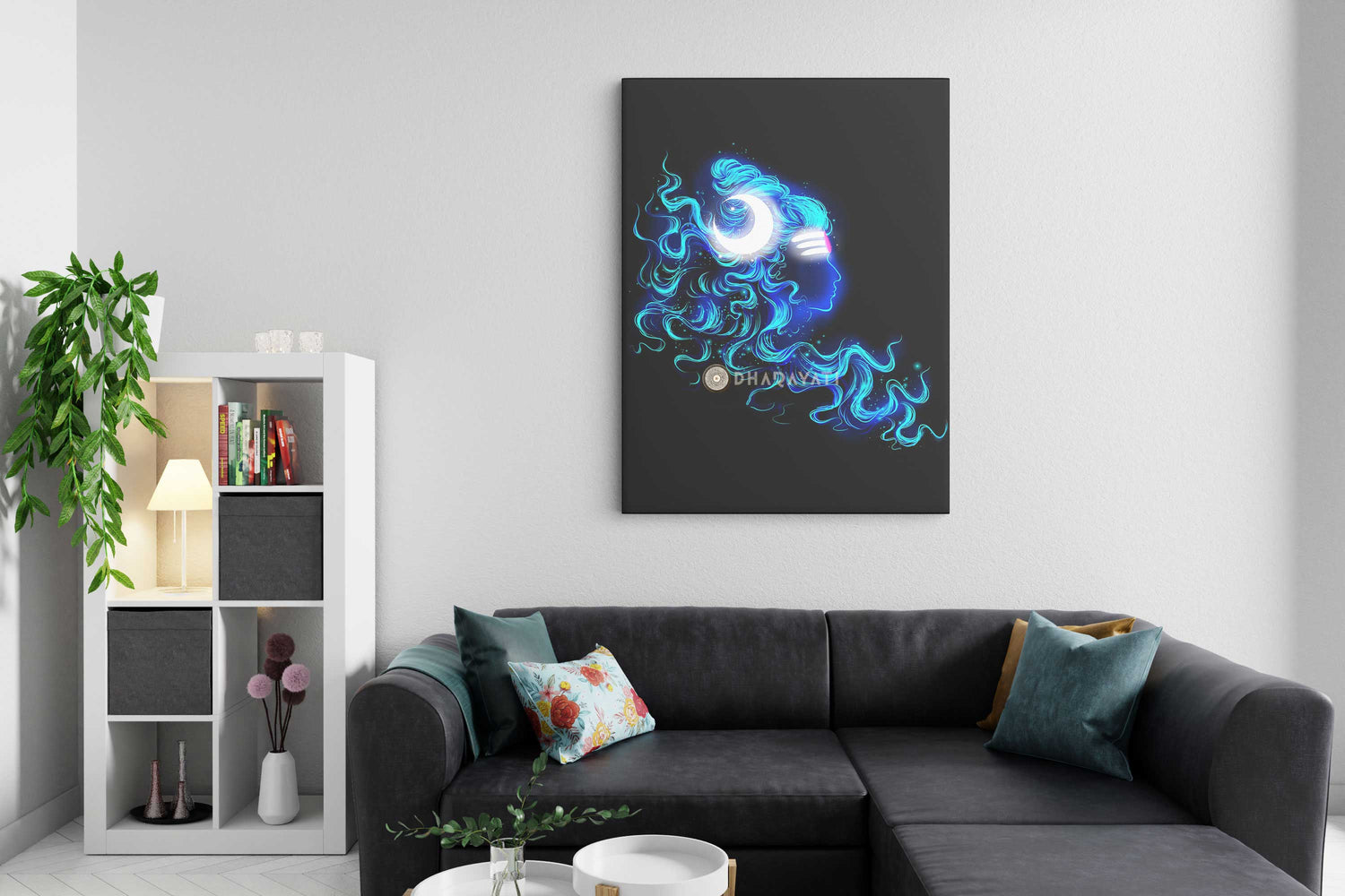 Shiva Mahadev Canvas Art Tranquil Divinity with Blue Complexion, Crescent Moon, and Ganga