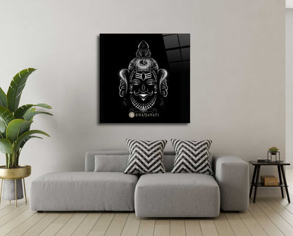 Sacred Serenity: Smiling Mahakal Black and White Glass Wall Art