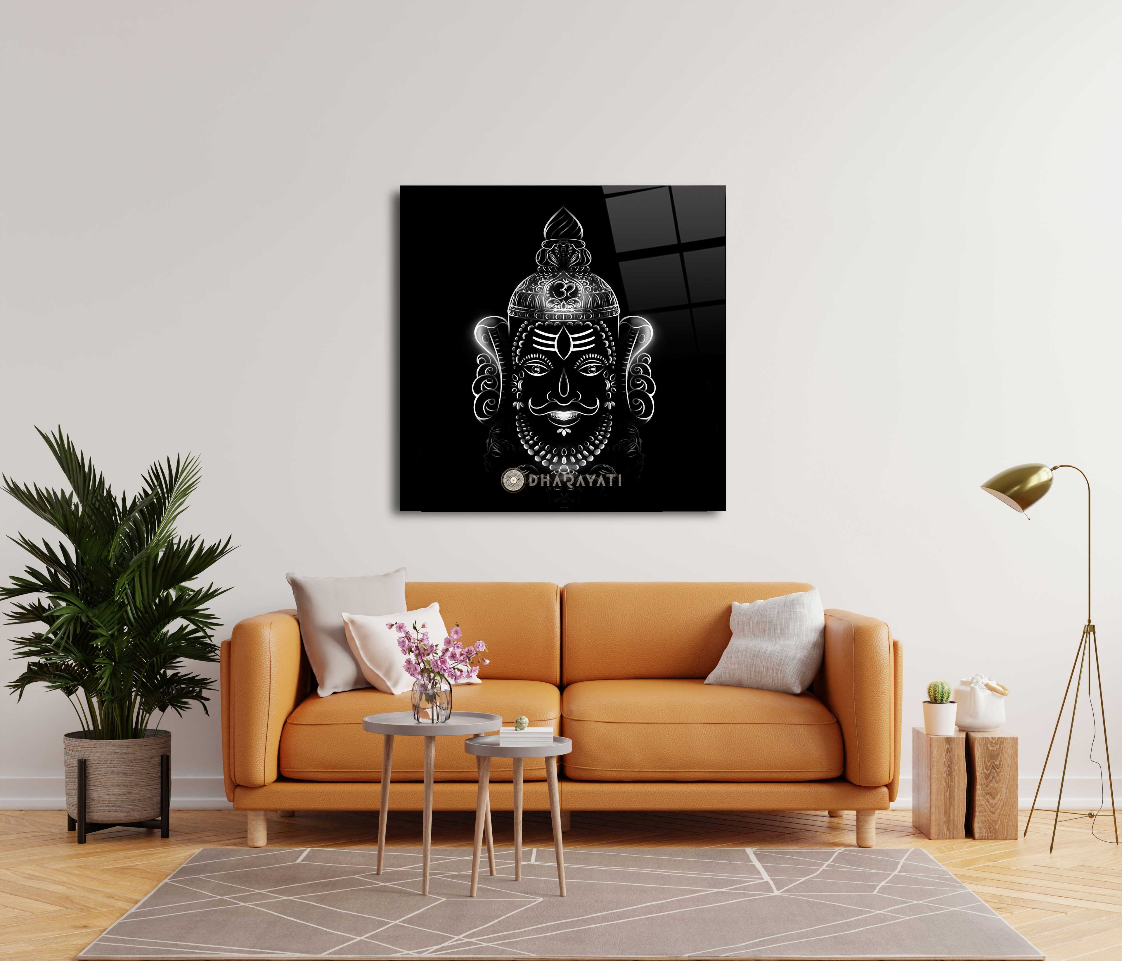 Sacred Serenity: Smiling Mahakal Black and White Glass Wall Art