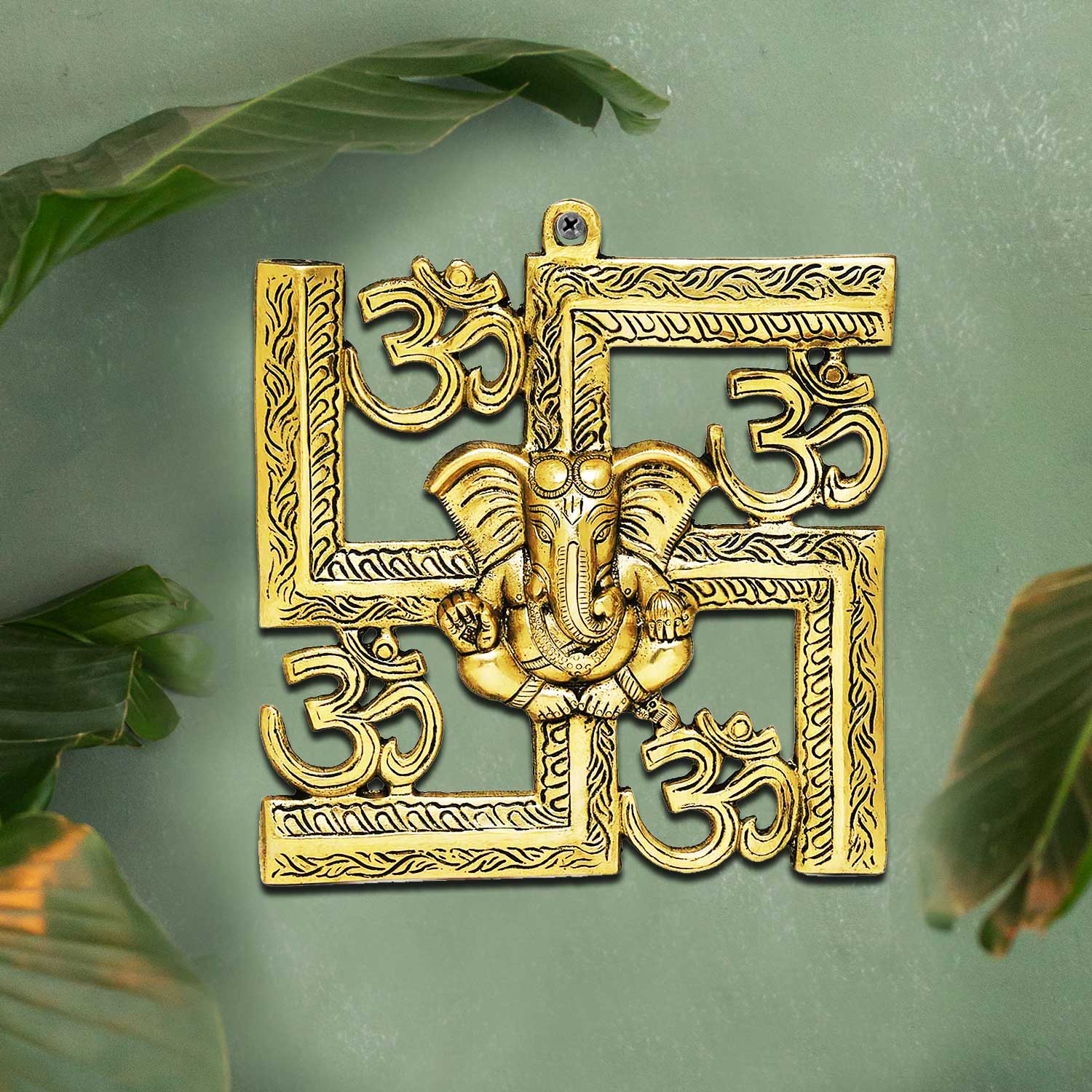 Brass Ganesh with Swastik and Om Wall Hanging