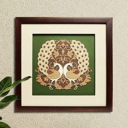 Twin Peacocks Wood Art Frame