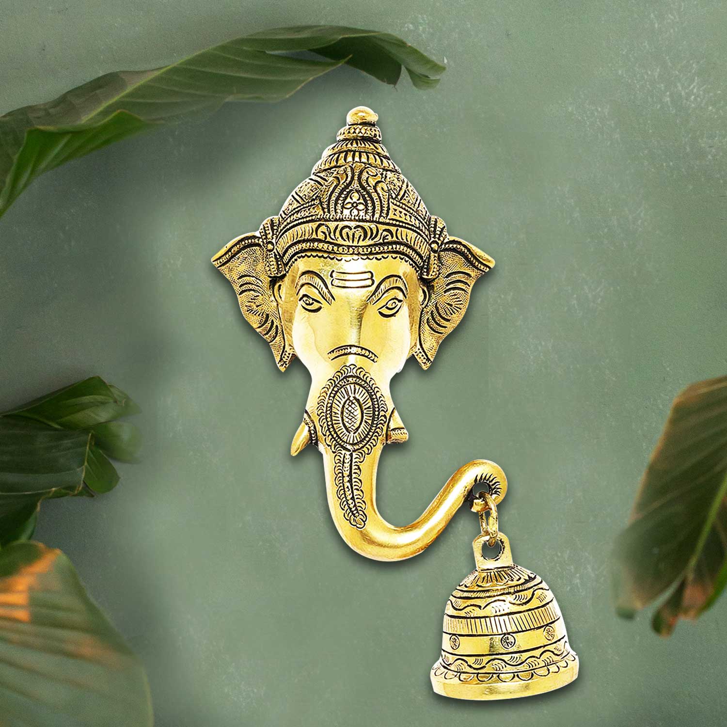 Brass Engraved Ganesh Mask with Bell