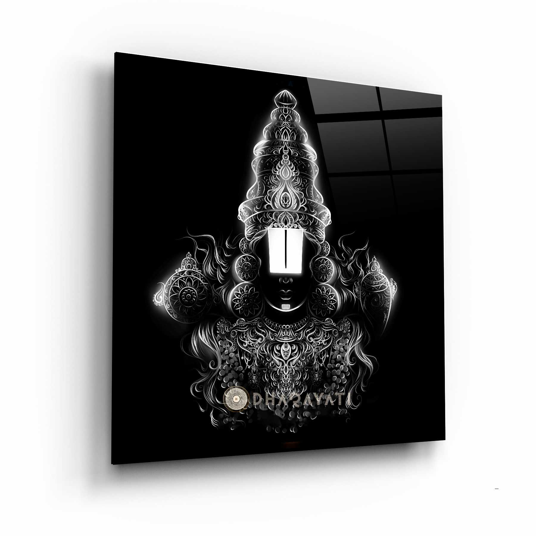 Divine Grace: Lord Venkateshwara Swamy Glass Wall Art in Black and White