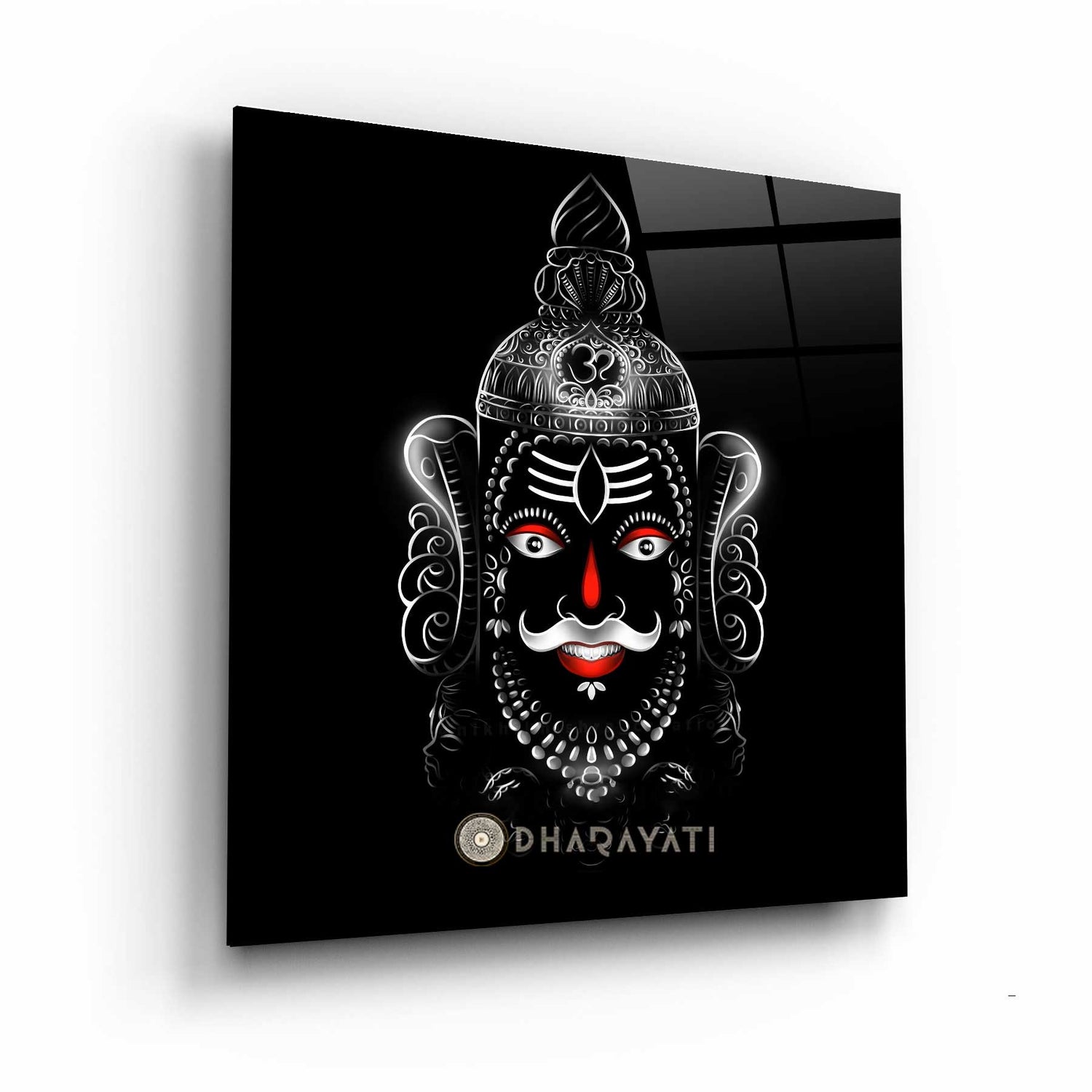 Sacred Serenity: Smiling Mahakal Red and White Glass Wall Art