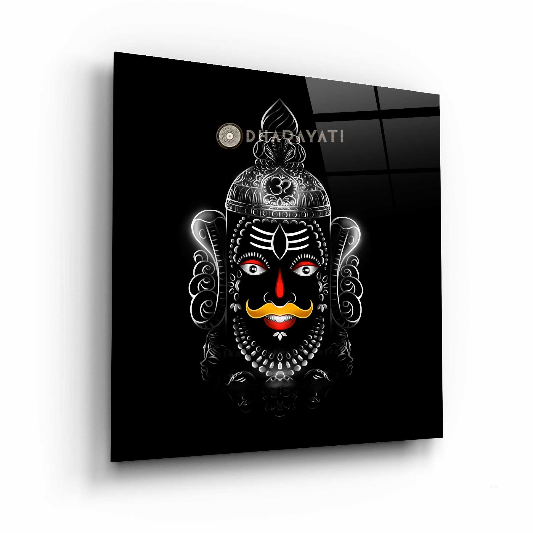 Sacred Serenity: Smiling Mahakal Red and Orange Glass Wall Art