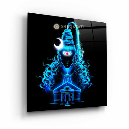 Lord Shiva with Kedarnath Temple Blue Color Glass Wall Art