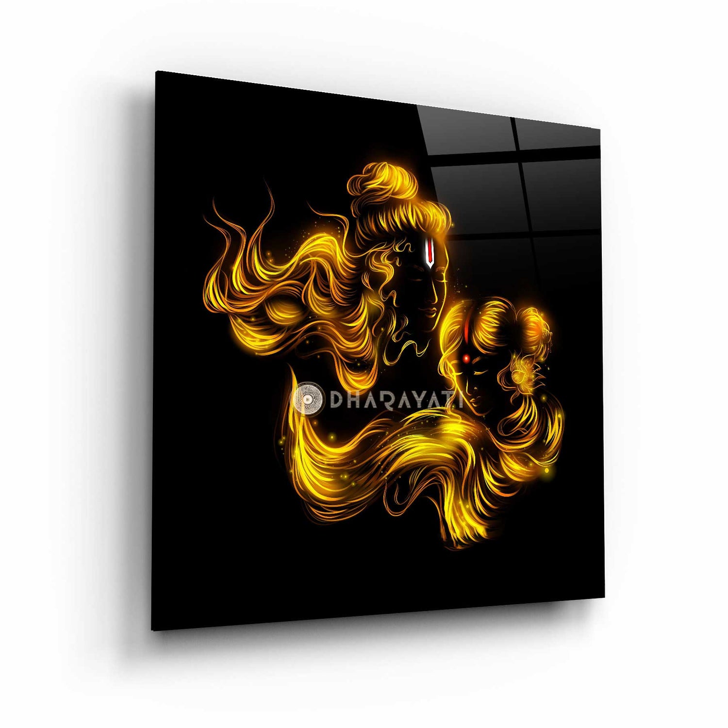 Lord Rama and Sita Yellow with Black Background Glass Wall Art