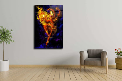 Lord Shiva with Four Hands and Sacred Fire Glass Wall Art - Embrace the Cosmic Energy