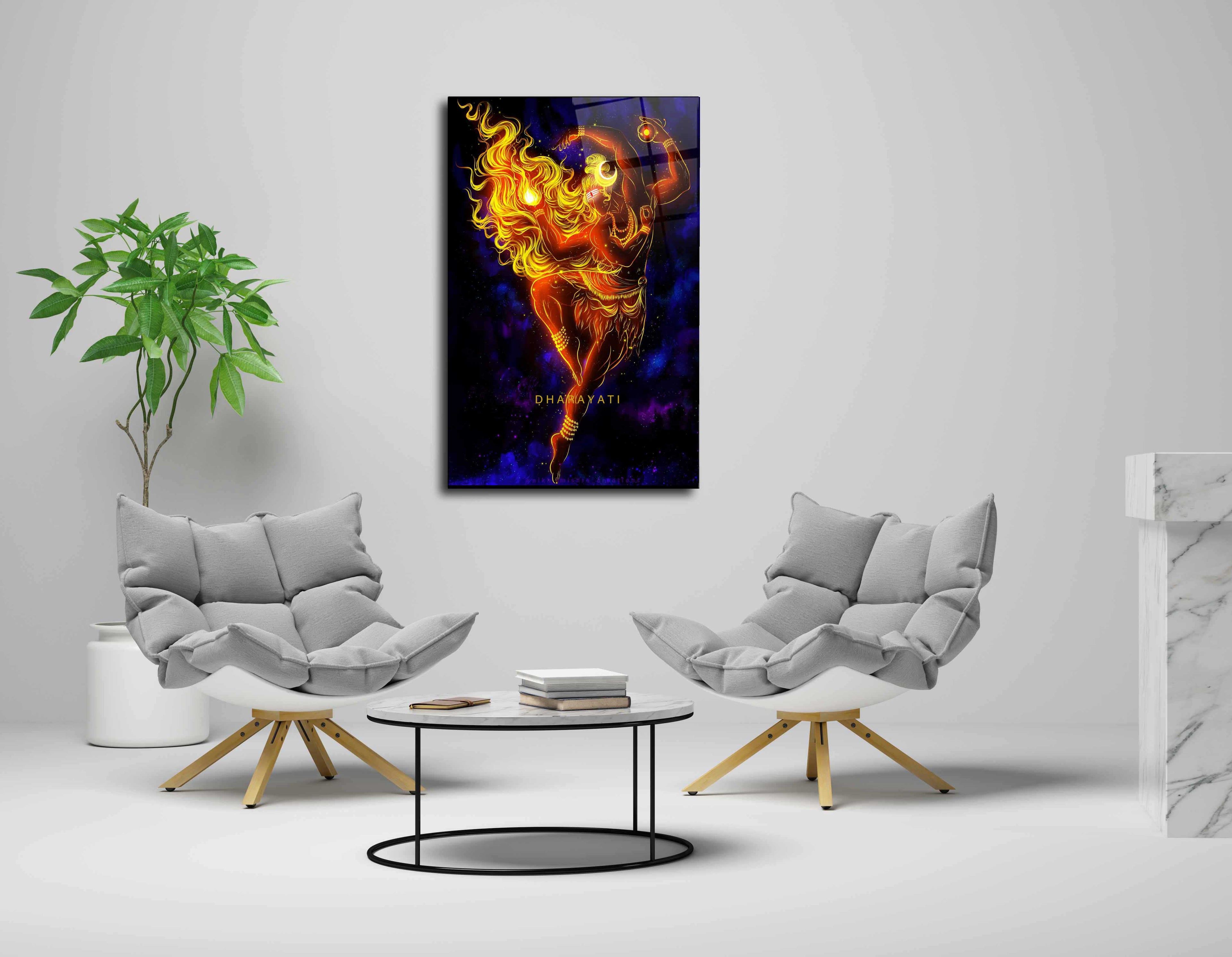 Lord Shiva with Four Hands and Sacred Fire Glass Wall Art - Embrace the Cosmic Energy