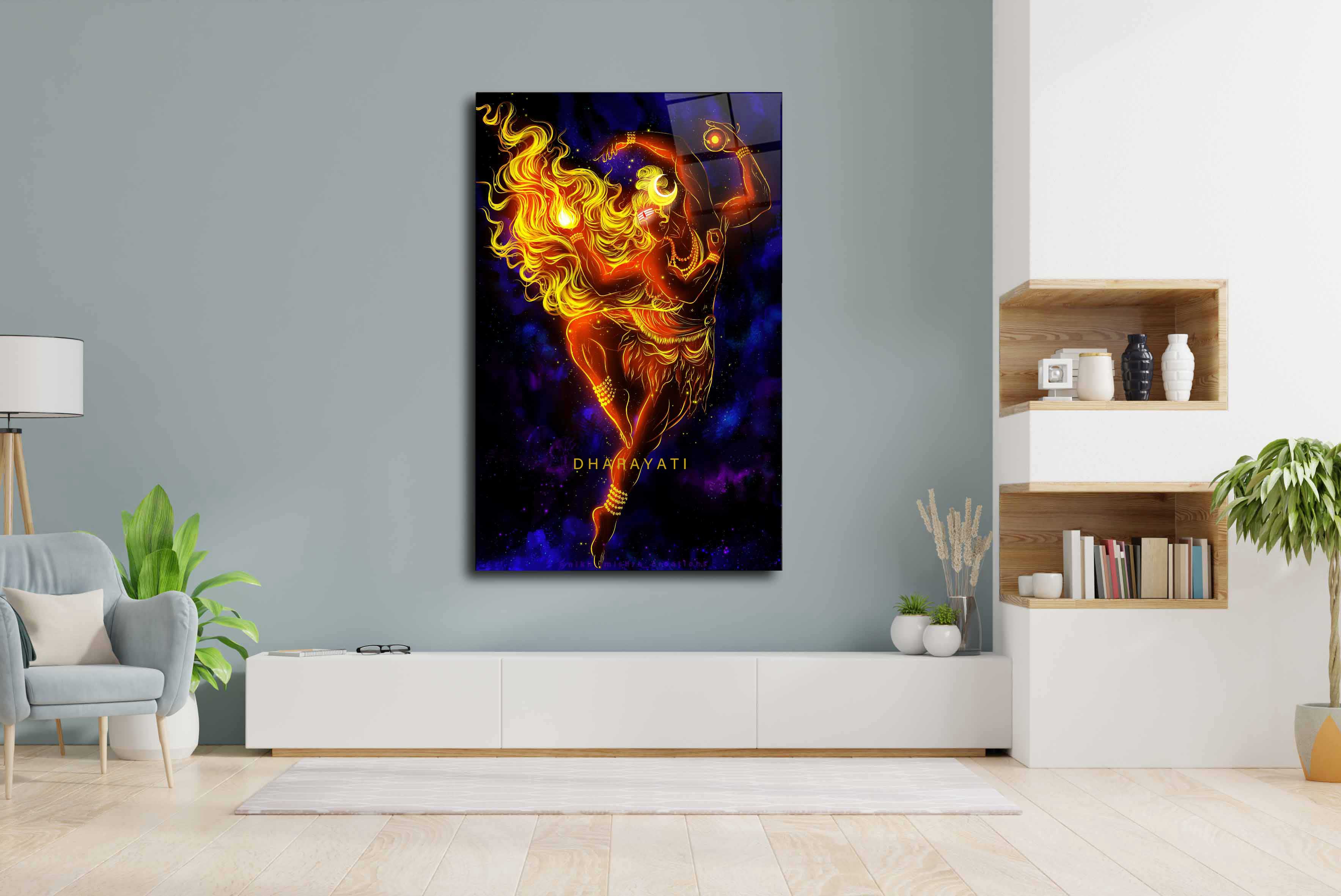 Lord Shiva with Four Hands and Sacred Fire Glass Wall Art - Embrace the Cosmic Energy