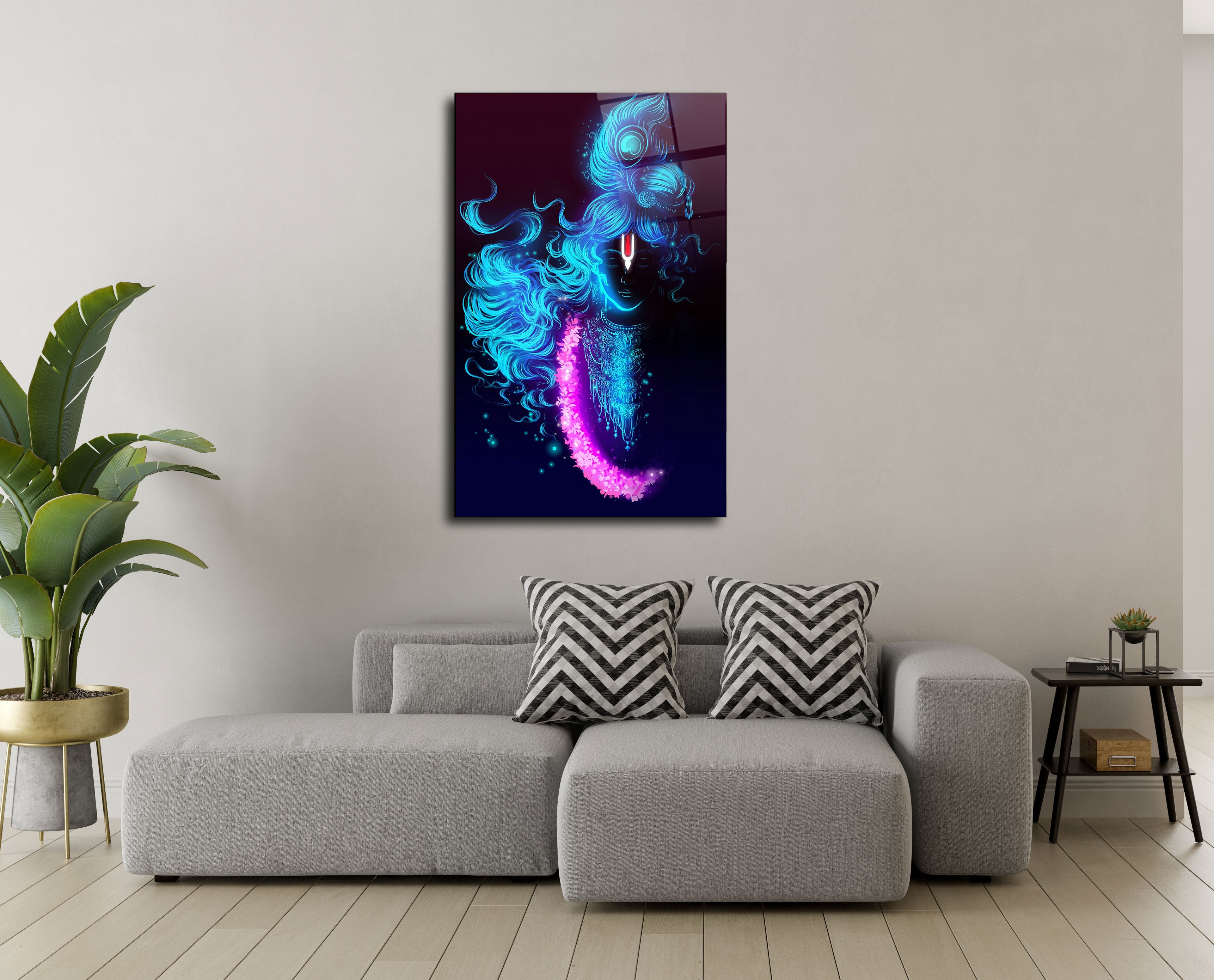 Lord Krishna in Blue with Pink Mala Glass Wall Art - Divine Serenity Embodied