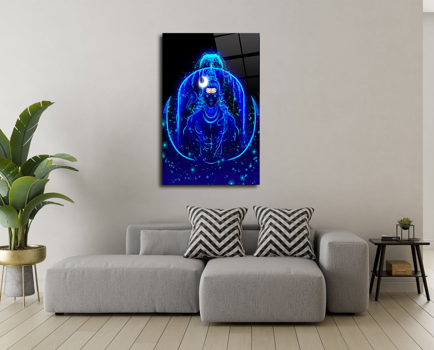 Sacred Flow: Lord Shiva in Blue with Ganga Glass Wall Art - Cosmic Serenity Embodied