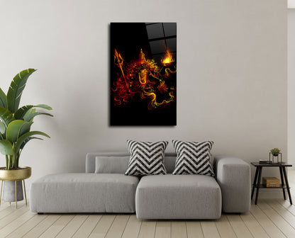 Goddess Durga Devi with Trishul and Fiery Aura Glass Wall Art - Divine Feminine Power&quot;