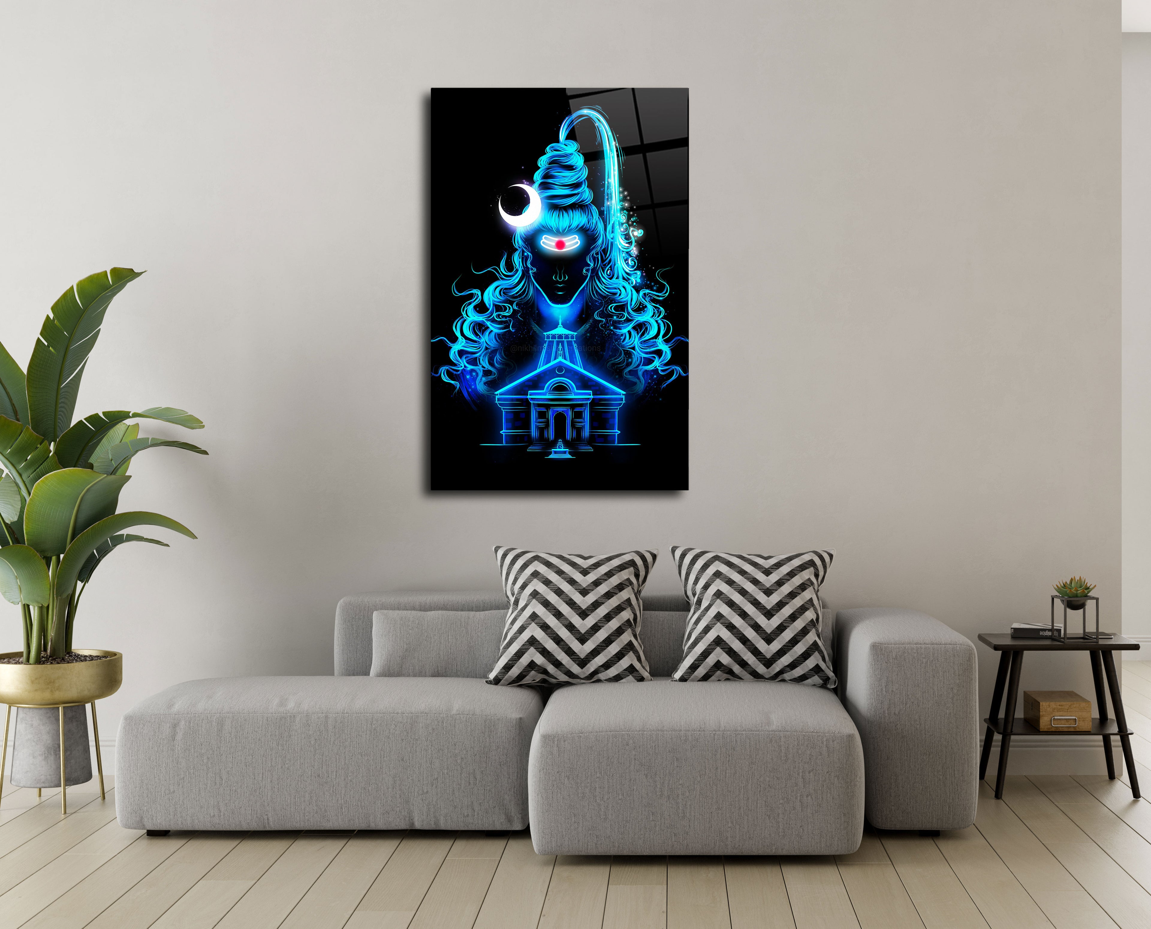 Lord Shiva with Kedarnath Temple Glass Wall Art - Divine Presence and Harmonious Union