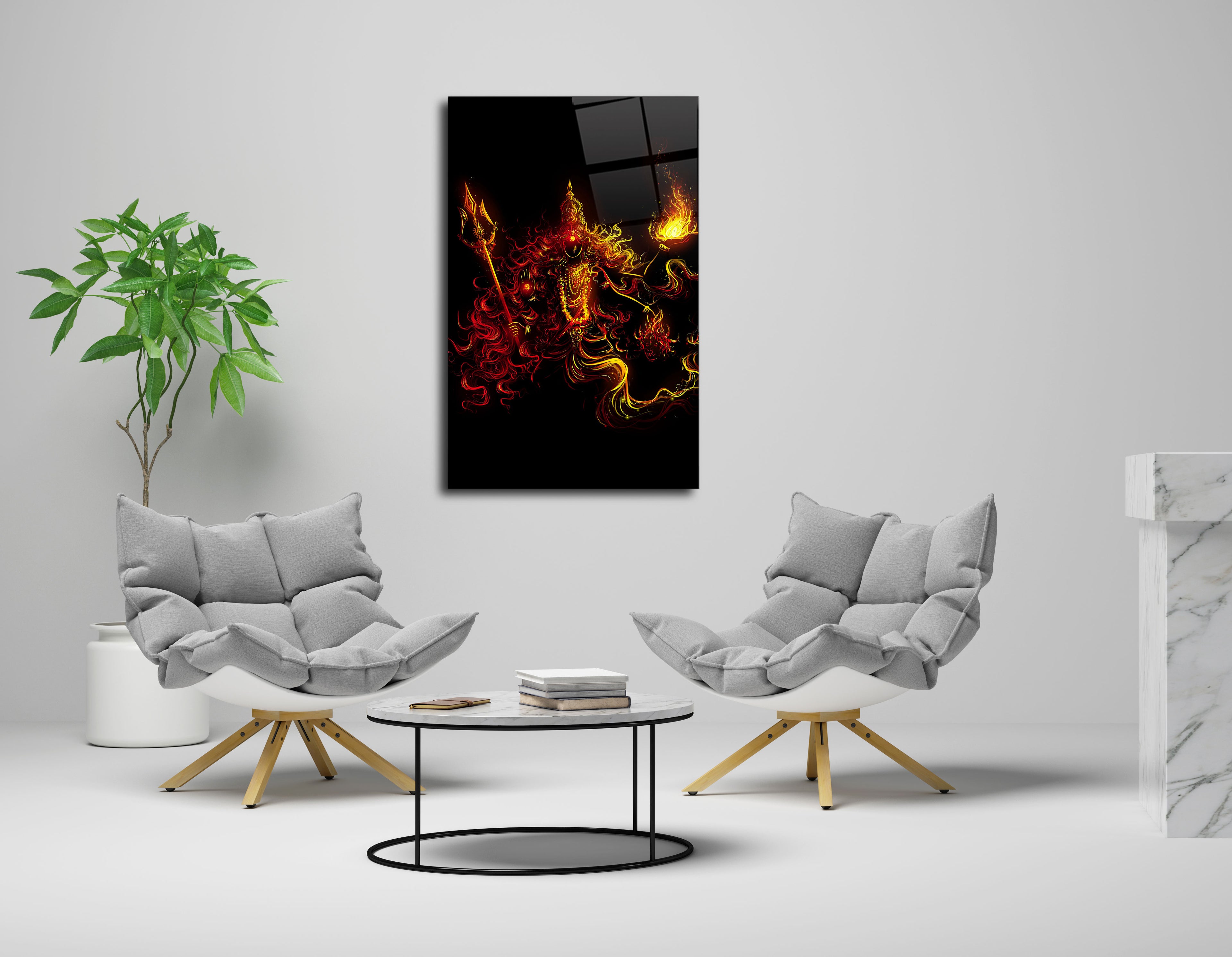 Goddess Durga Devi with Trishul and Fiery Aura Glass Wall Art - Divine Feminine Power&quot;