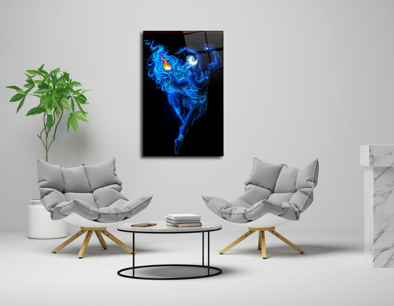 Divine Dance: Captivating Lord Shiva Glass Wall Art in Mesmerizing Blue Digital Art