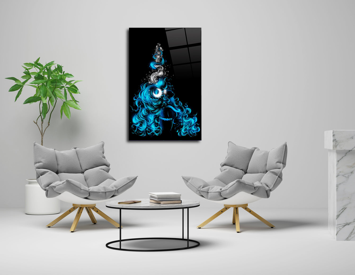 Lord Shiva Glass Wall Art Blue and White with Ganga Devi - Serene Beauty Unveiled