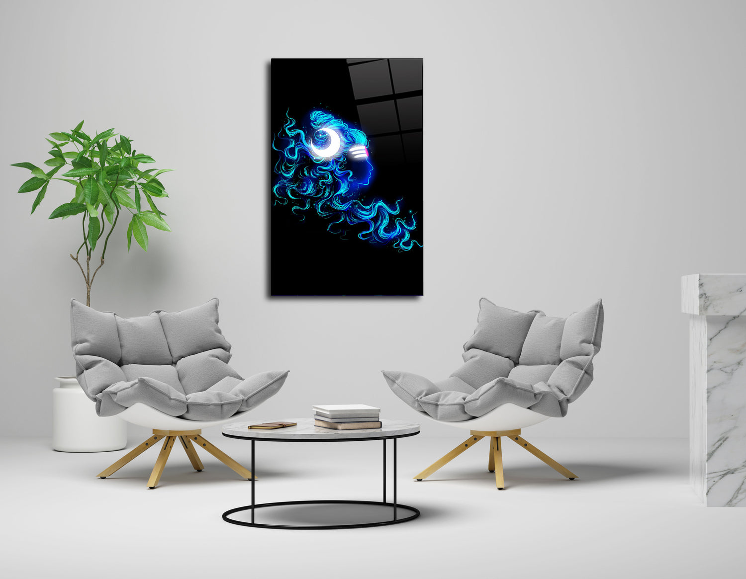 Lord Shiva in Blue with Crescent Moon Glass Wall Art - Divine Aura Personified