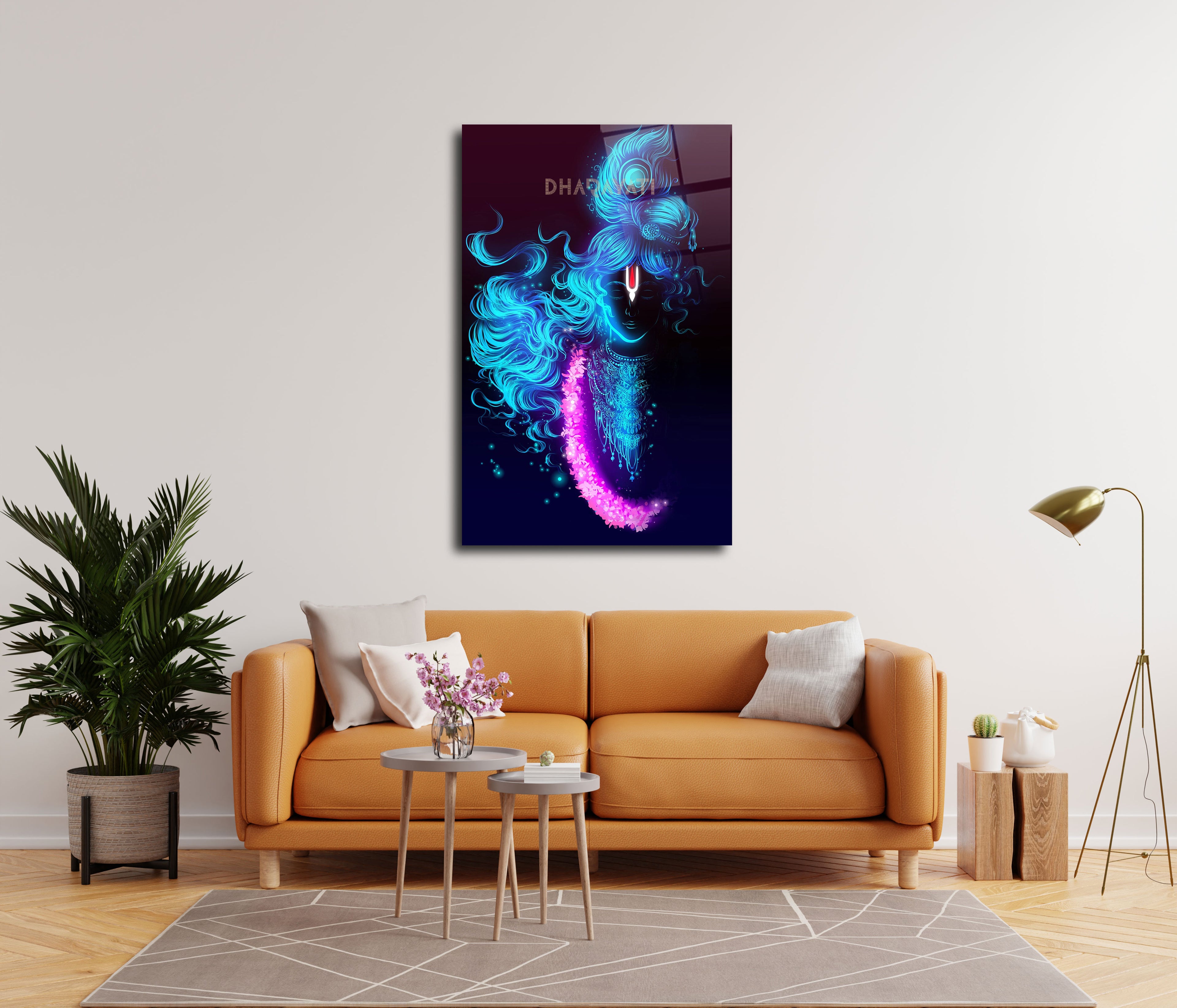 Lord Krishna in Blue with Pink Mala Glass Wall Art - Divine Serenity Embodied