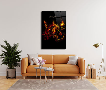 Goddess Durga Devi with Trishul and Fiery Aura Glass Wall Art - Divine Feminine Power&quot;